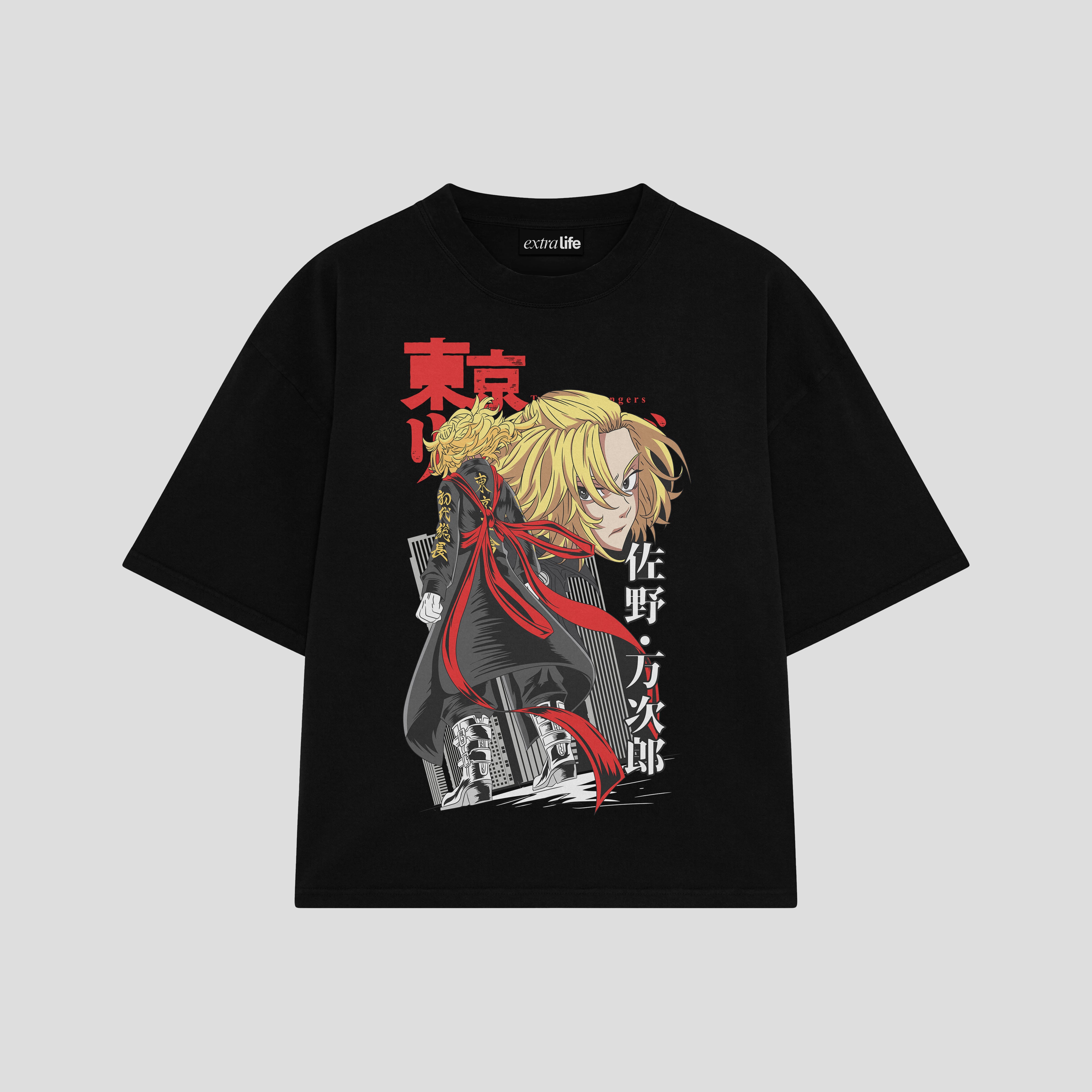 Playera streetwear premium de anime y gaming ExtraLife MX, corte boxy oversized drop shoulder heavyweight en color Deep Black y Off-White, moda urbana mexicana de culto.