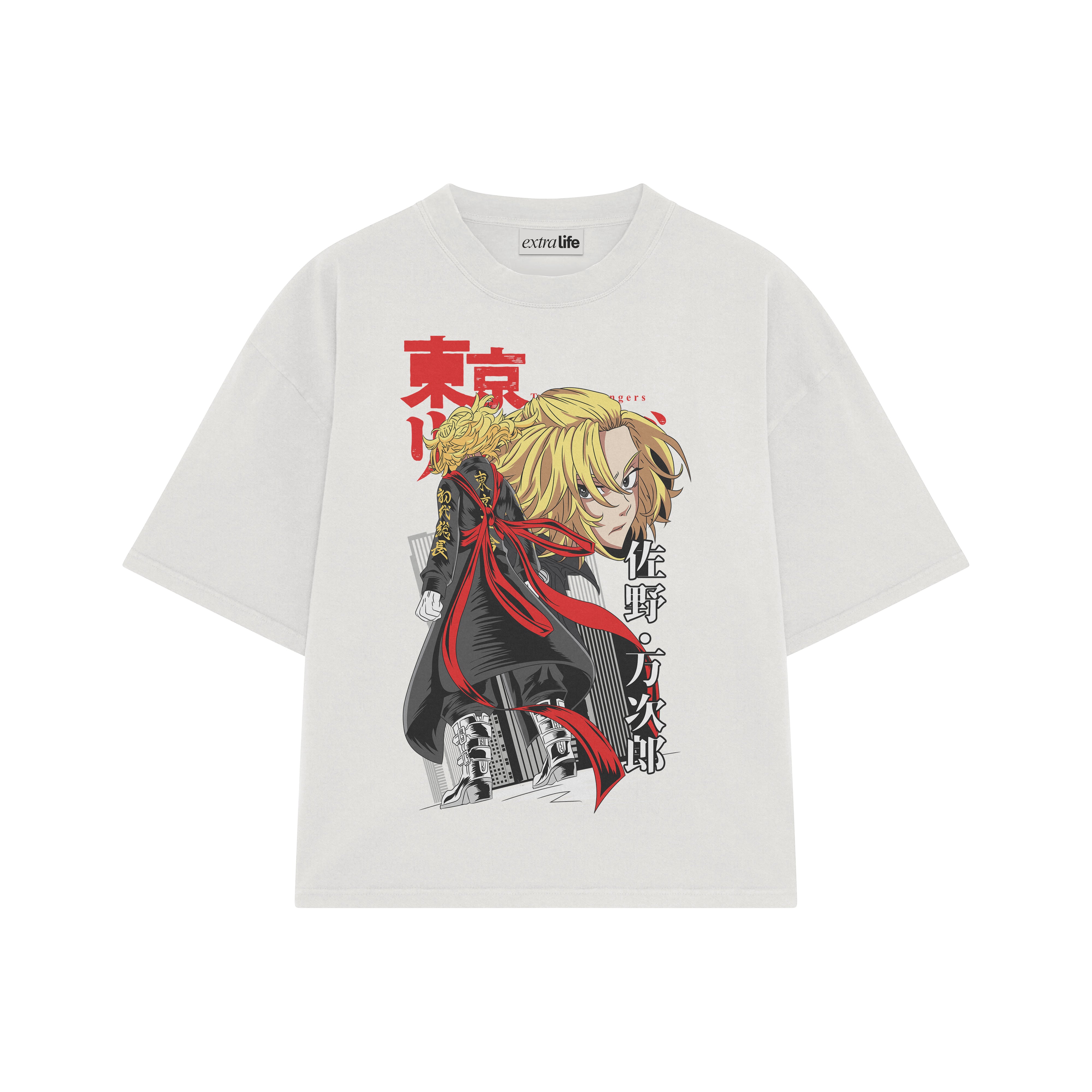 Playera streetwear premium de anime y gaming ExtraLife MX, corte boxy oversized drop shoulder heavyweight en color Deep Black y Off-White, moda urbana mexicana de culto.