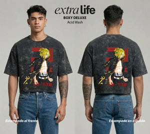Playera streetwear premium de anime y gaming ExtraLife MX, corte boxy deluxe mineral wash heavyweight en color Acid Wash, moda urbana mexicana de culto.