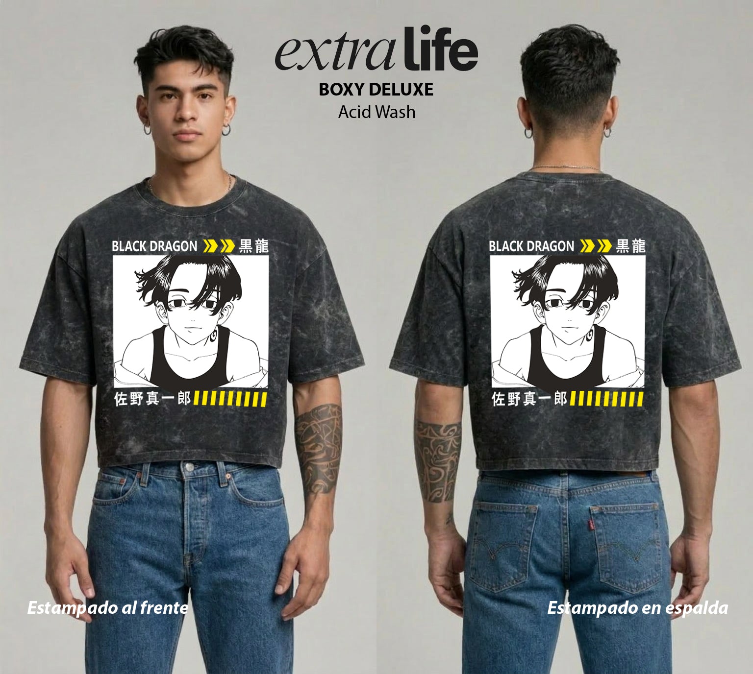 Playera streetwear premium de anime y gaming ExtraLife MX, corte boxy deluxe mineral wash heavyweight en color Acid Wash, moda urbana mexicana de culto.