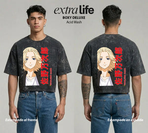 Playera streetwear premium de anime y gaming ExtraLife MX, corte boxy deluxe mineral wash heavyweight en color Acid Wash, moda urbana mexicana de culto.