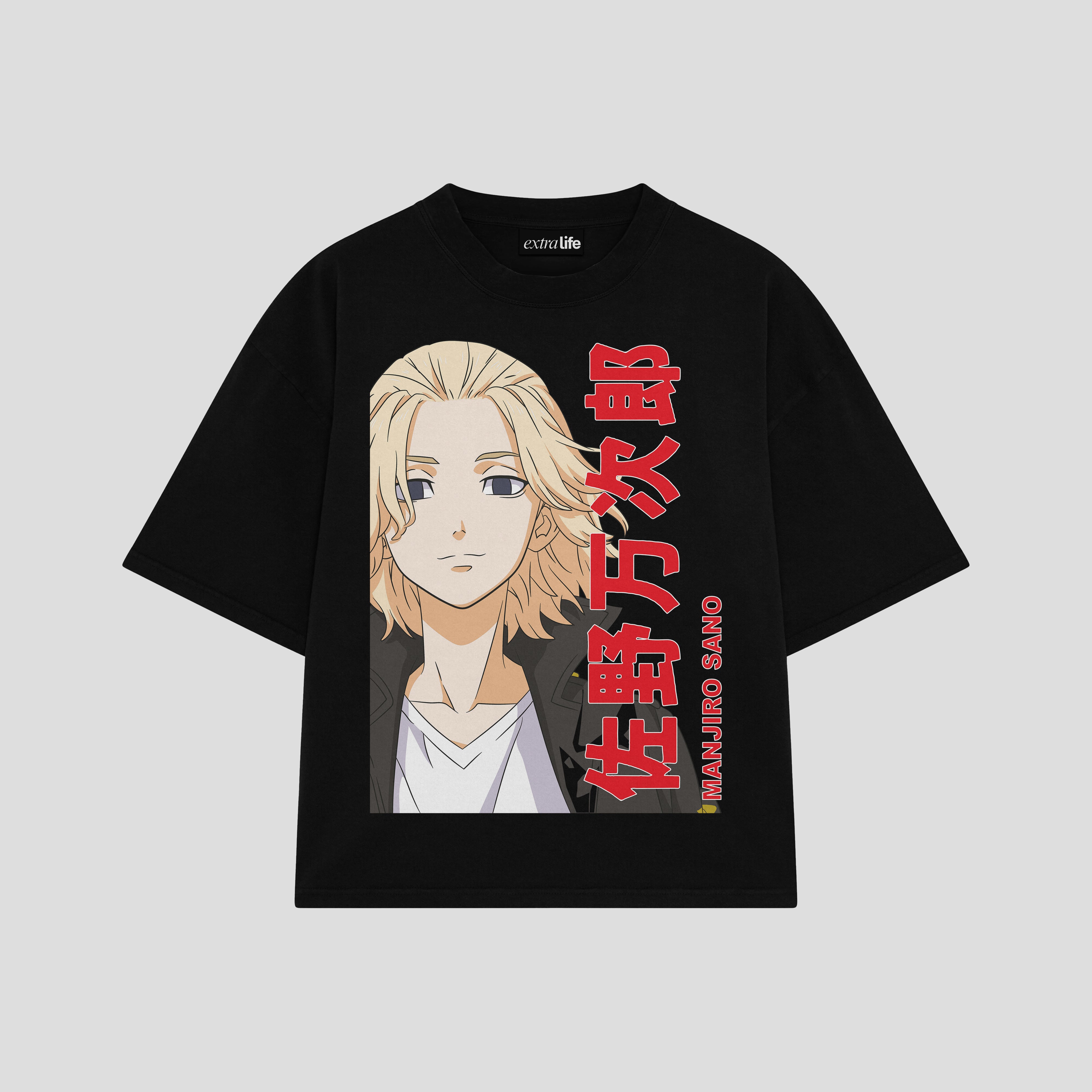 Playera streetwear premium de anime y gaming ExtraLife MX, corte boxy oversized drop shoulder heavyweight en color Deep Black y Off-White, moda urbana mexicana de culto.