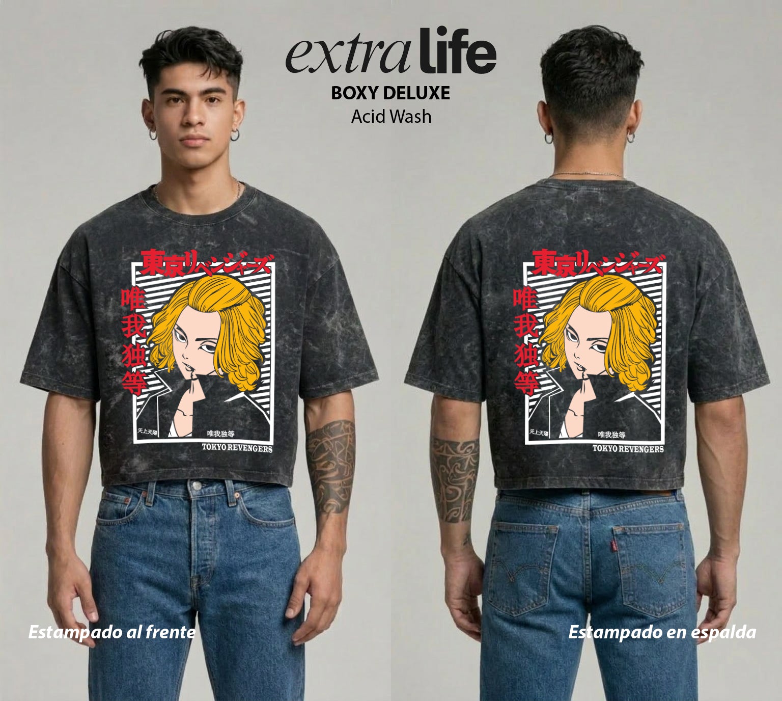 Playera streetwear premium de anime y gaming ExtraLife MX, corte boxy deluxe mineral wash heavyweight en color Acid Wash, moda urbana mexicana de culto.