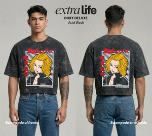 Playera streetwear premium de anime y gaming ExtraLife MX, corte boxy deluxe mineral wash heavyweight en color Acid Wash, moda urbana mexicana de culto.