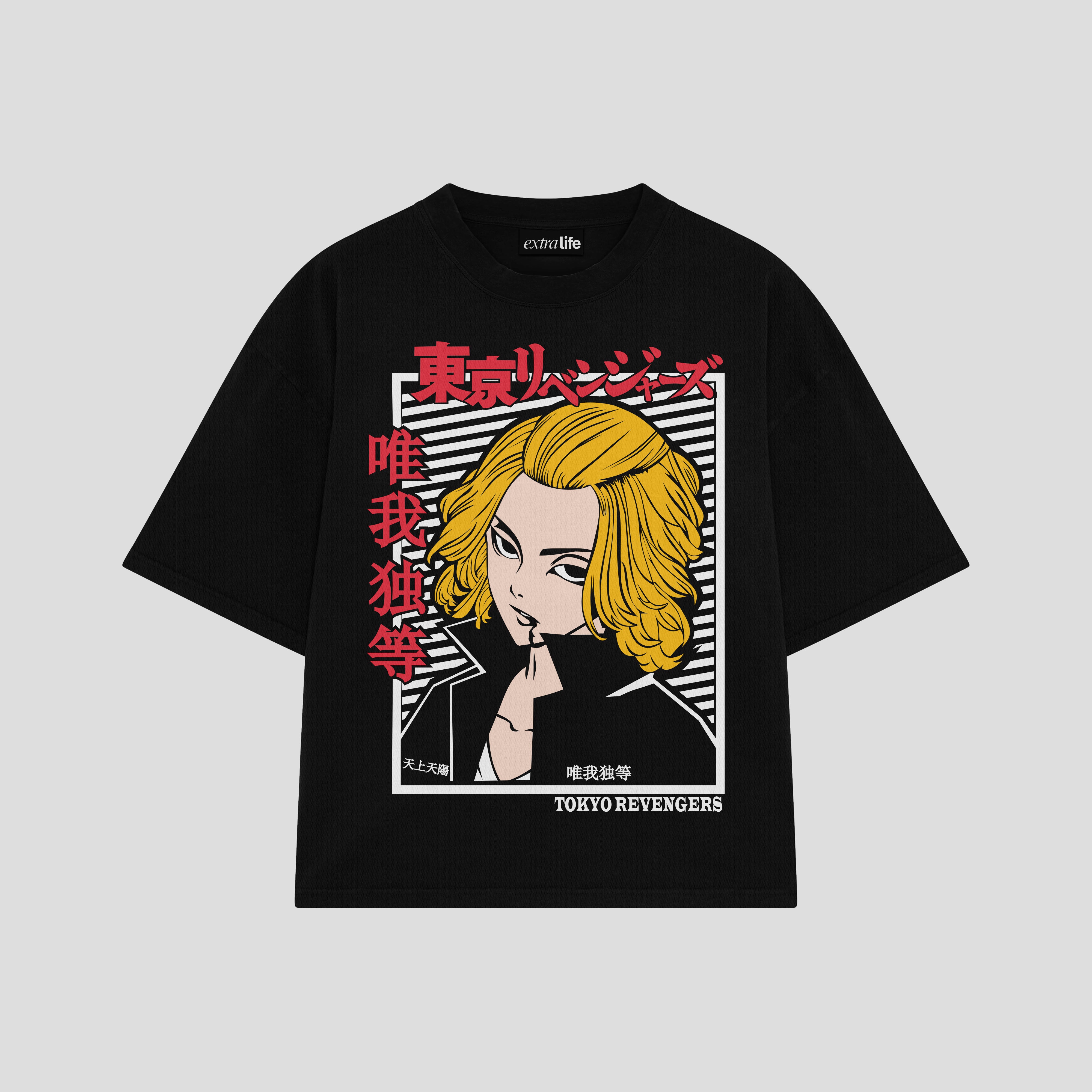 Playera streetwear premium de anime y gaming ExtraLife MX, corte boxy oversized drop shoulder heavyweight en color Deep Black y Off-White, moda urbana mexicana de culto.