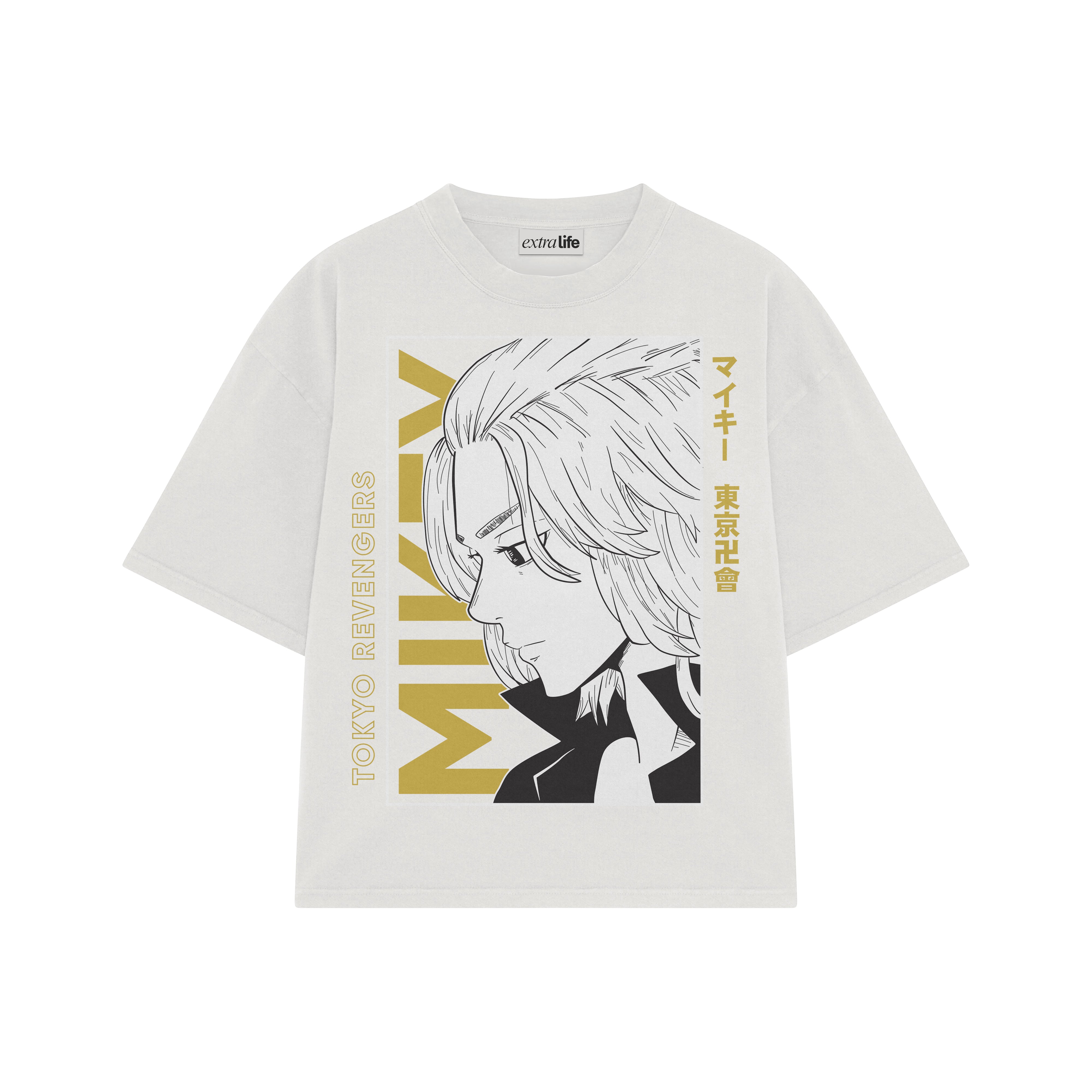 Playera streetwear premium de anime y gaming ExtraLife MX, corte boxy oversized drop shoulder heavyweight en color Deep Black y Off-White, moda urbana mexicana de culto.