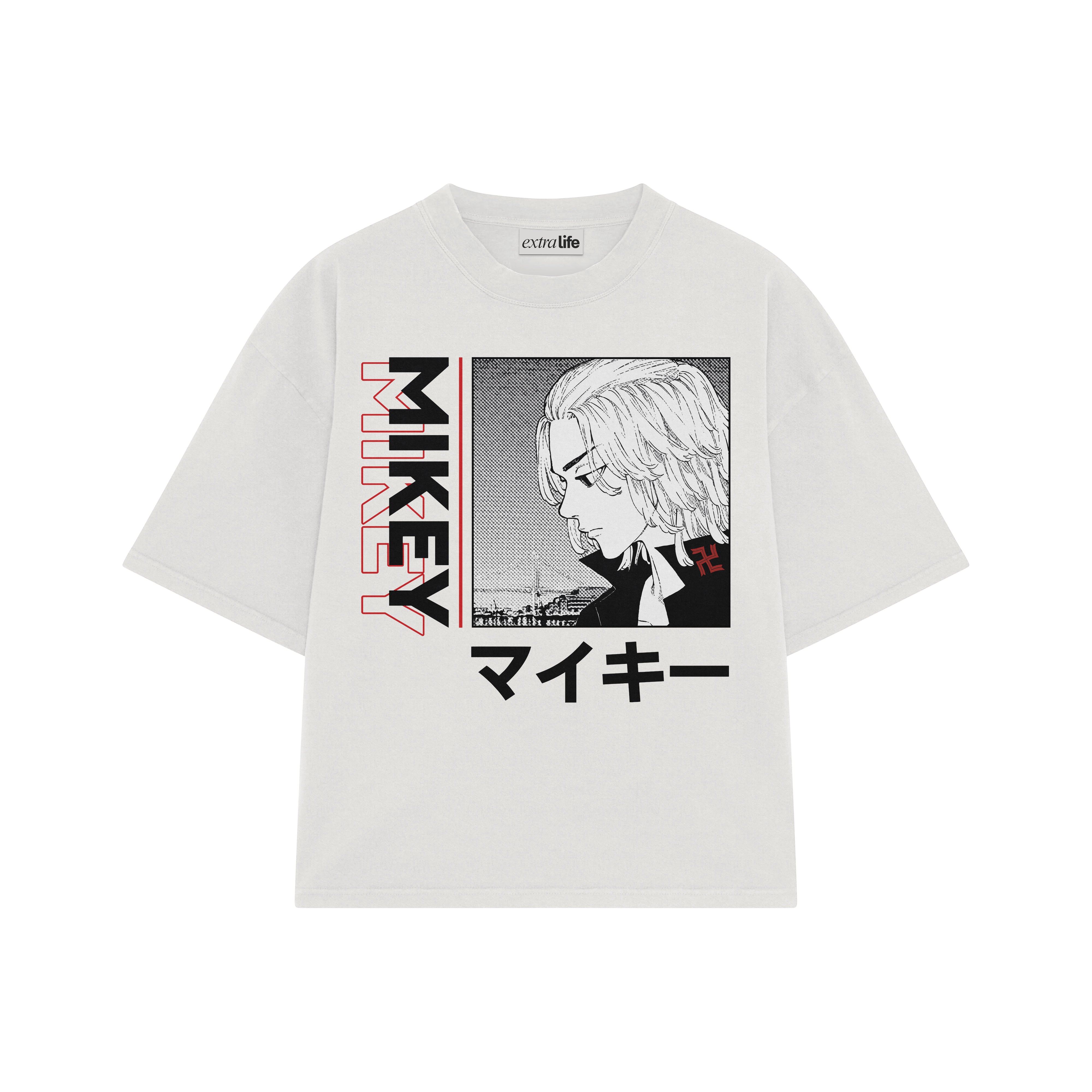 Playera streetwear premium de anime y gaming ExtraLife MX, corte boxy oversized drop shoulder heavyweight en color Deep Black y Off-White, moda urbana mexicana de culto.