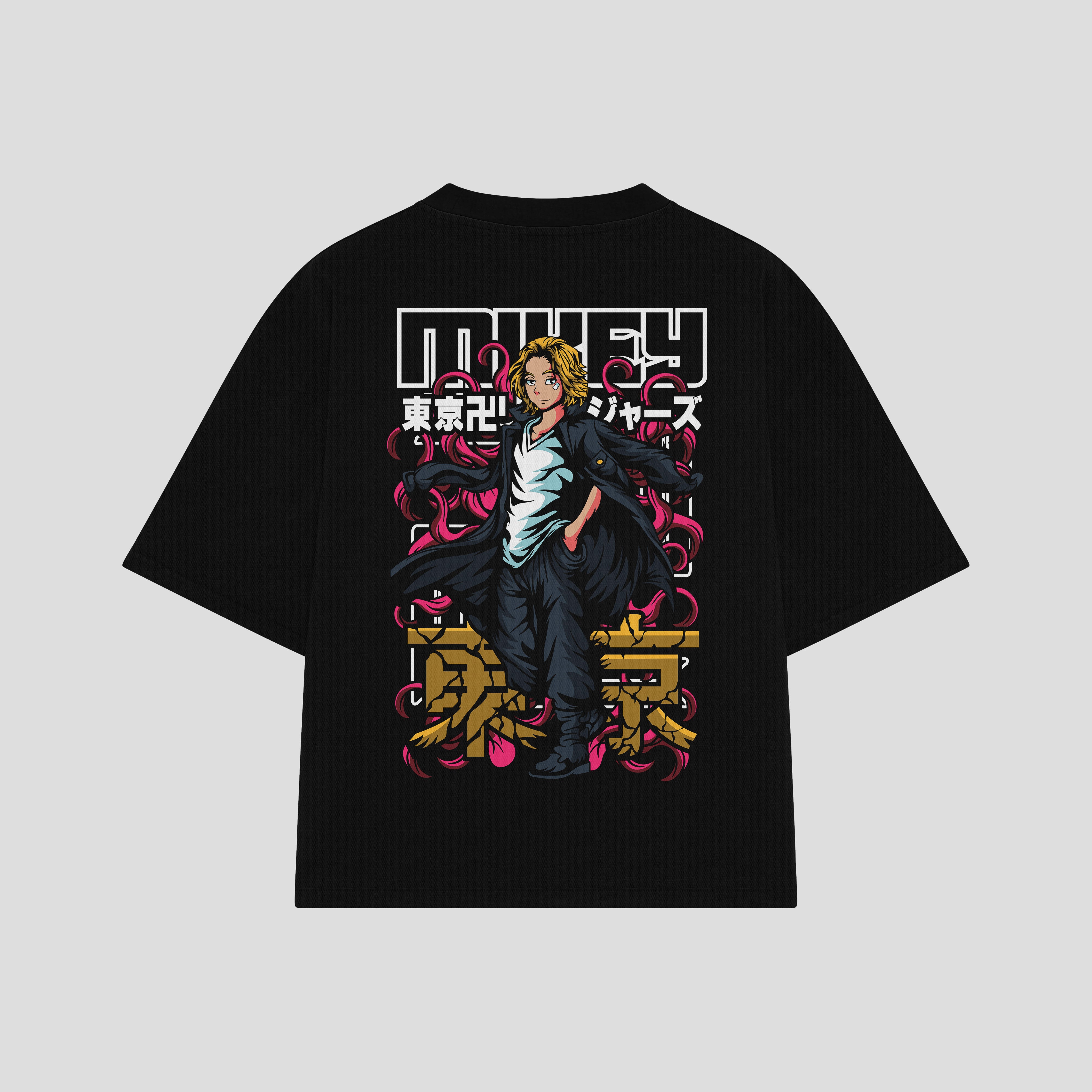 Playera streetwear premium de anime y gaming ExtraLife MX, corte boxy oversized drop shoulder heavyweight en color Deep Black y Off-White, moda urbana mexicana de culto.