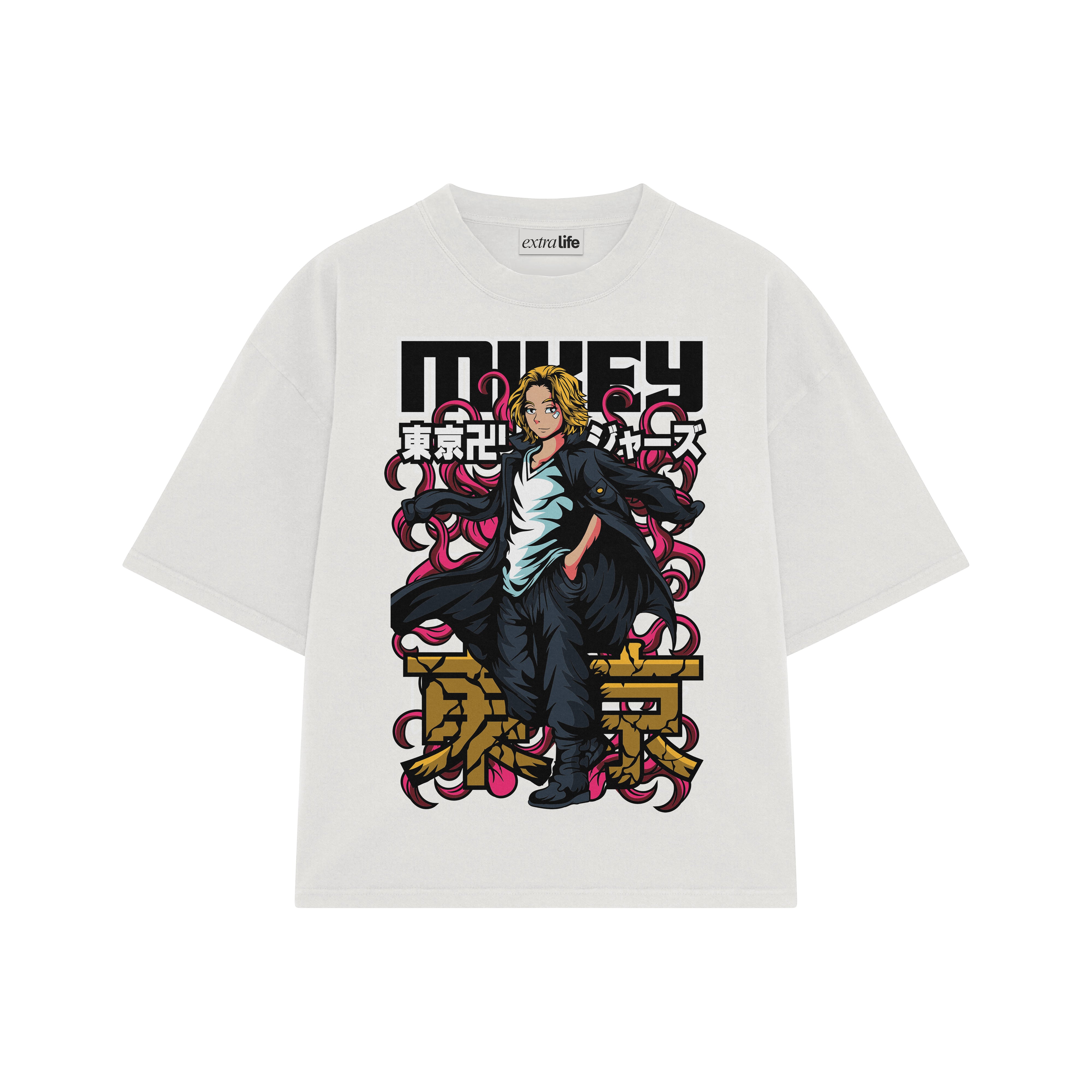 Playera streetwear premium de anime y gaming ExtraLife MX, corte boxy oversized drop shoulder heavyweight en color Deep Black y Off-White, moda urbana mexicana de culto.