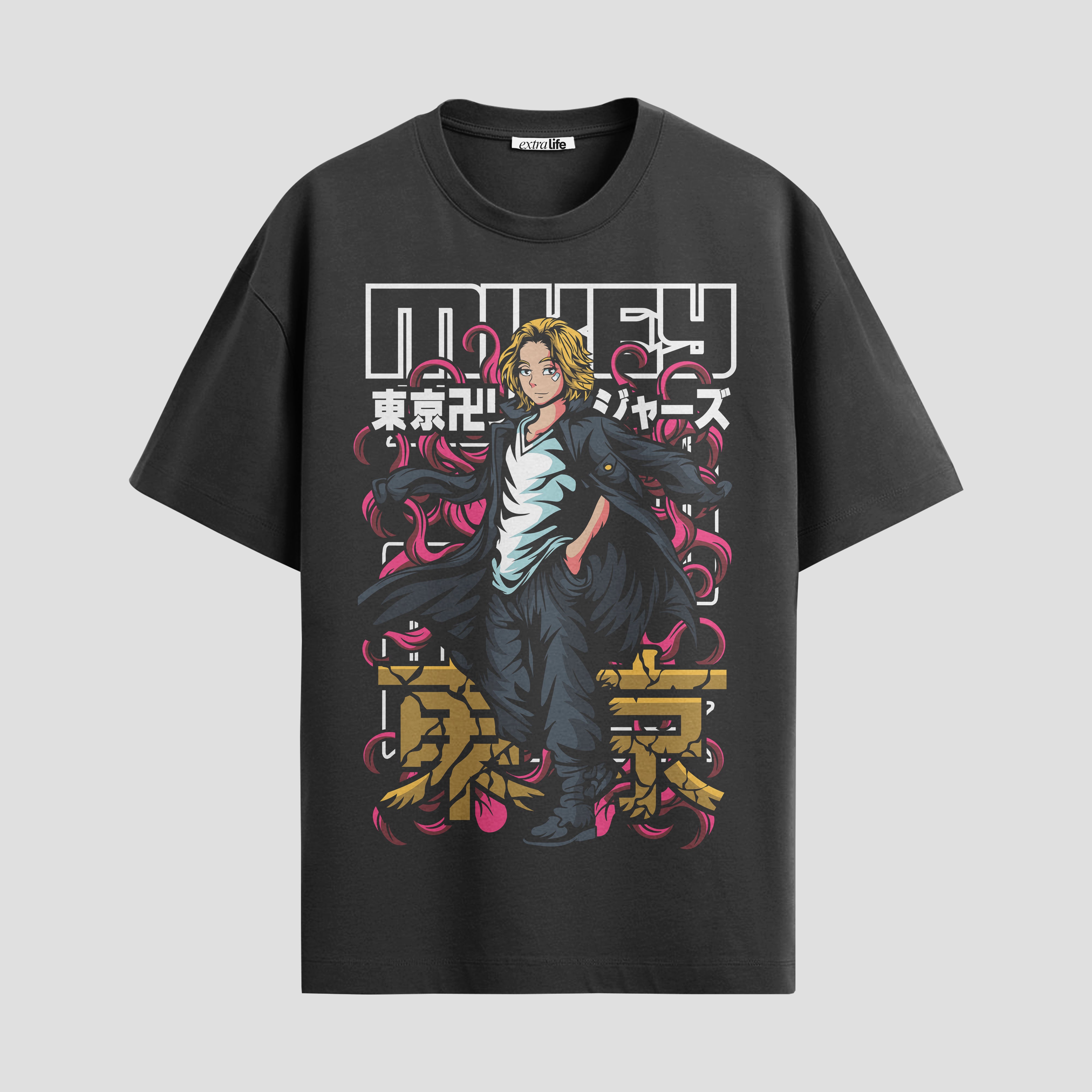 Playera urbana de anime y gaming ExtraLife MX, corte Standard Fit unisex ligero y transpirable en color Deep Black y Pure White, ropa de uso diario para gym y casual.