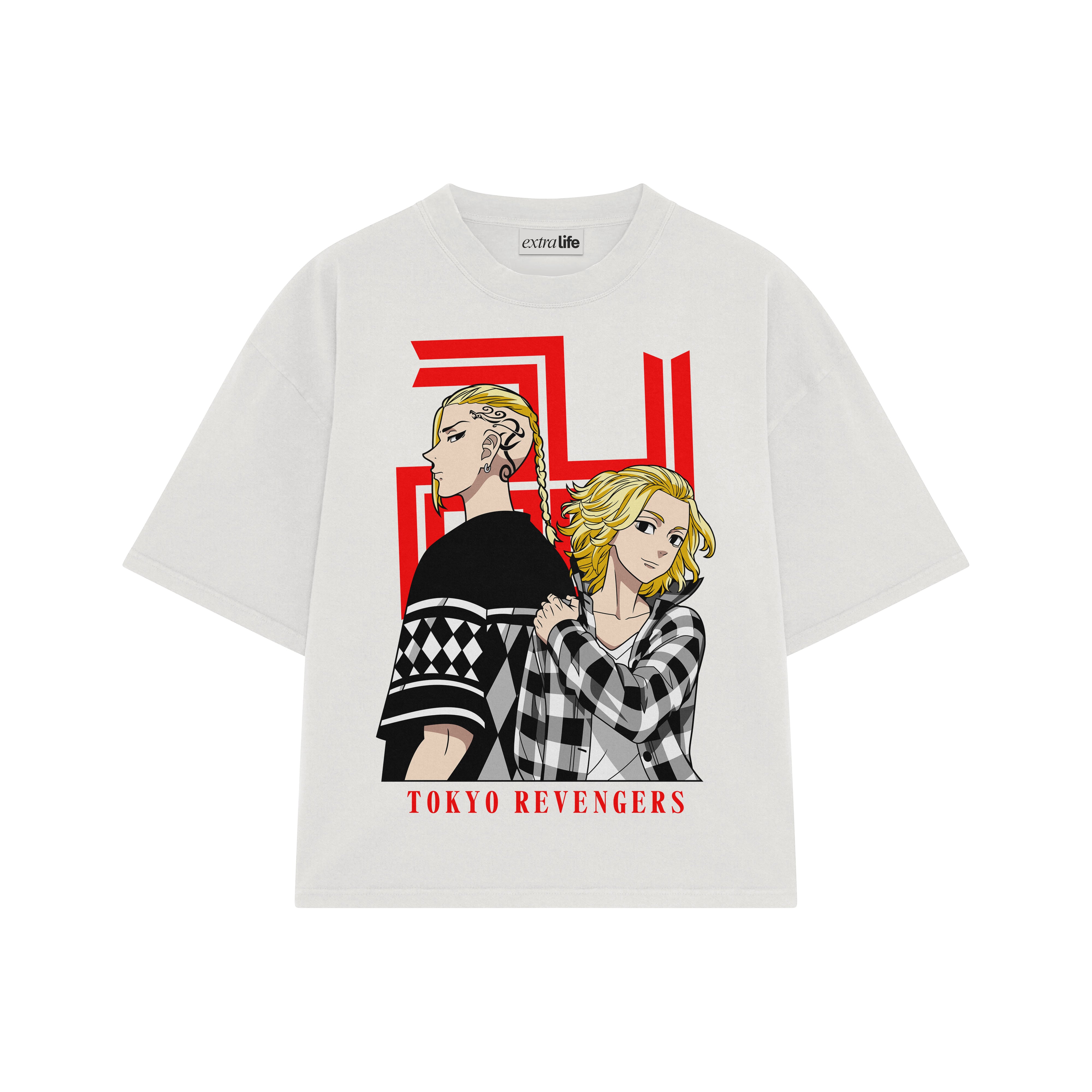 Playera streetwear premium de anime y gaming ExtraLife MX, corte boxy oversized drop shoulder heavyweight en color Deep Black y Off-White, moda urbana mexicana de culto.