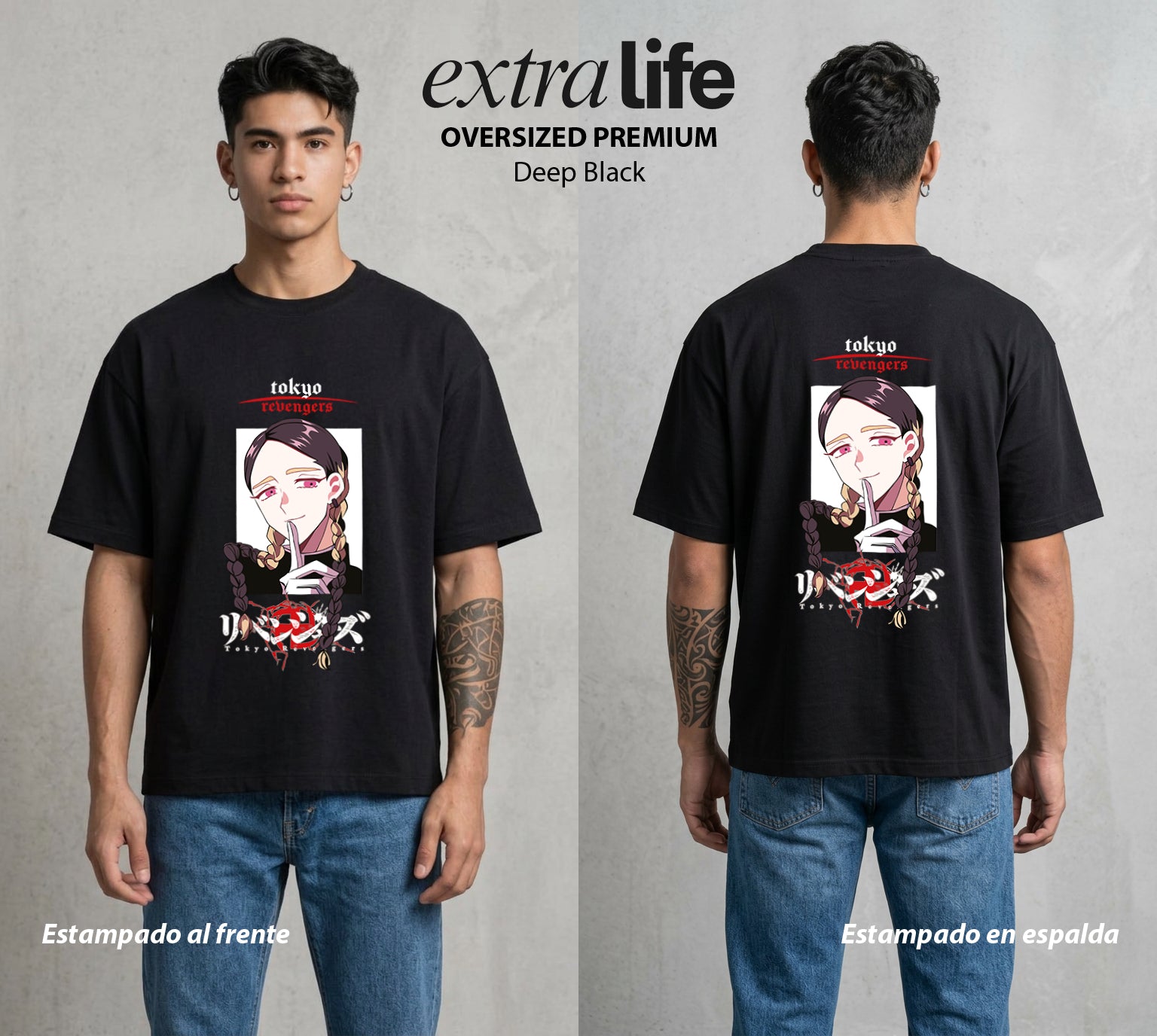 Pandillas del Tiempo | El Morado del Bien #04400 - Playera Oversized Premium | Deep Black - Foto en modelo