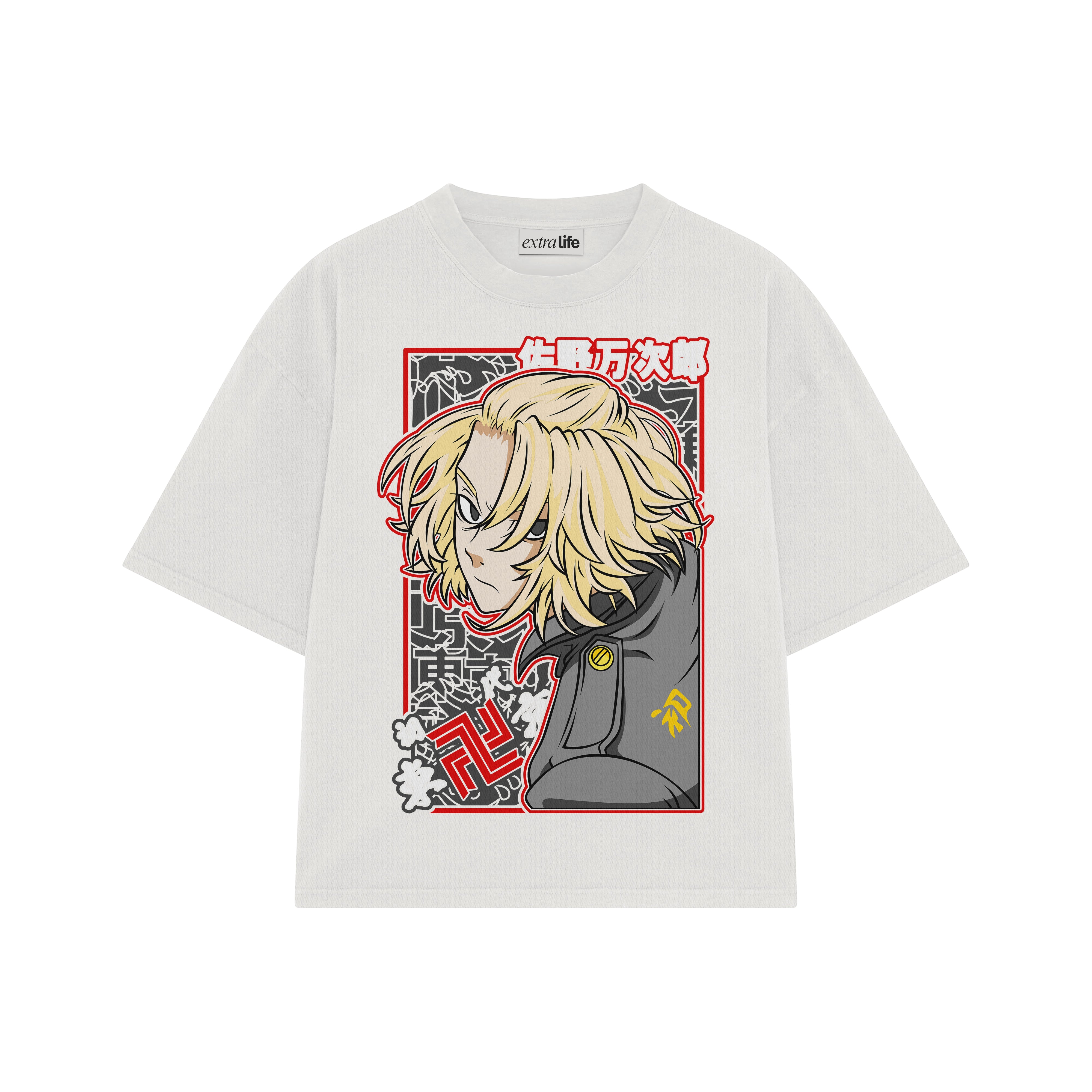 Playera streetwear premium de anime y gaming ExtraLife MX, corte boxy oversized drop shoulder heavyweight en color Deep Black y Off-White, moda urbana mexicana de culto.