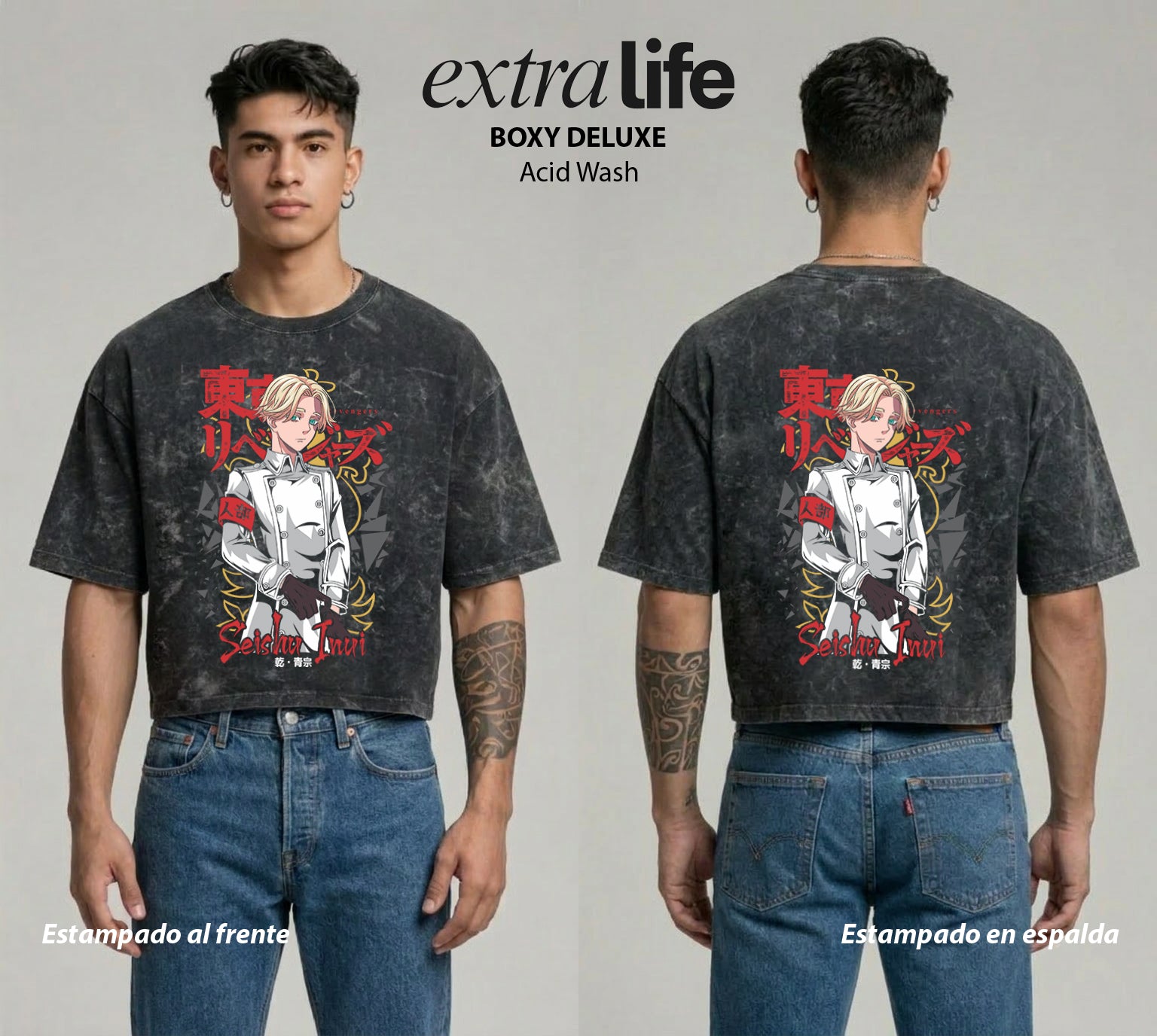Playera streetwear premium de anime y gaming ExtraLife MX, corte boxy deluxe mineral wash heavyweight en color Acid Wash, moda urbana mexicana de culto.