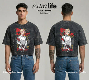 Playera streetwear premium de anime y gaming ExtraLife MX, corte boxy deluxe mineral wash heavyweight en color Acid Wash, moda urbana mexicana de culto.