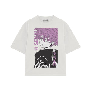 Playera streetwear premium de anime y gaming ExtraLife MX, corte boxy oversized drop shoulder heavyweight en color Deep Black y Off-White, moda urbana mexicana de culto.