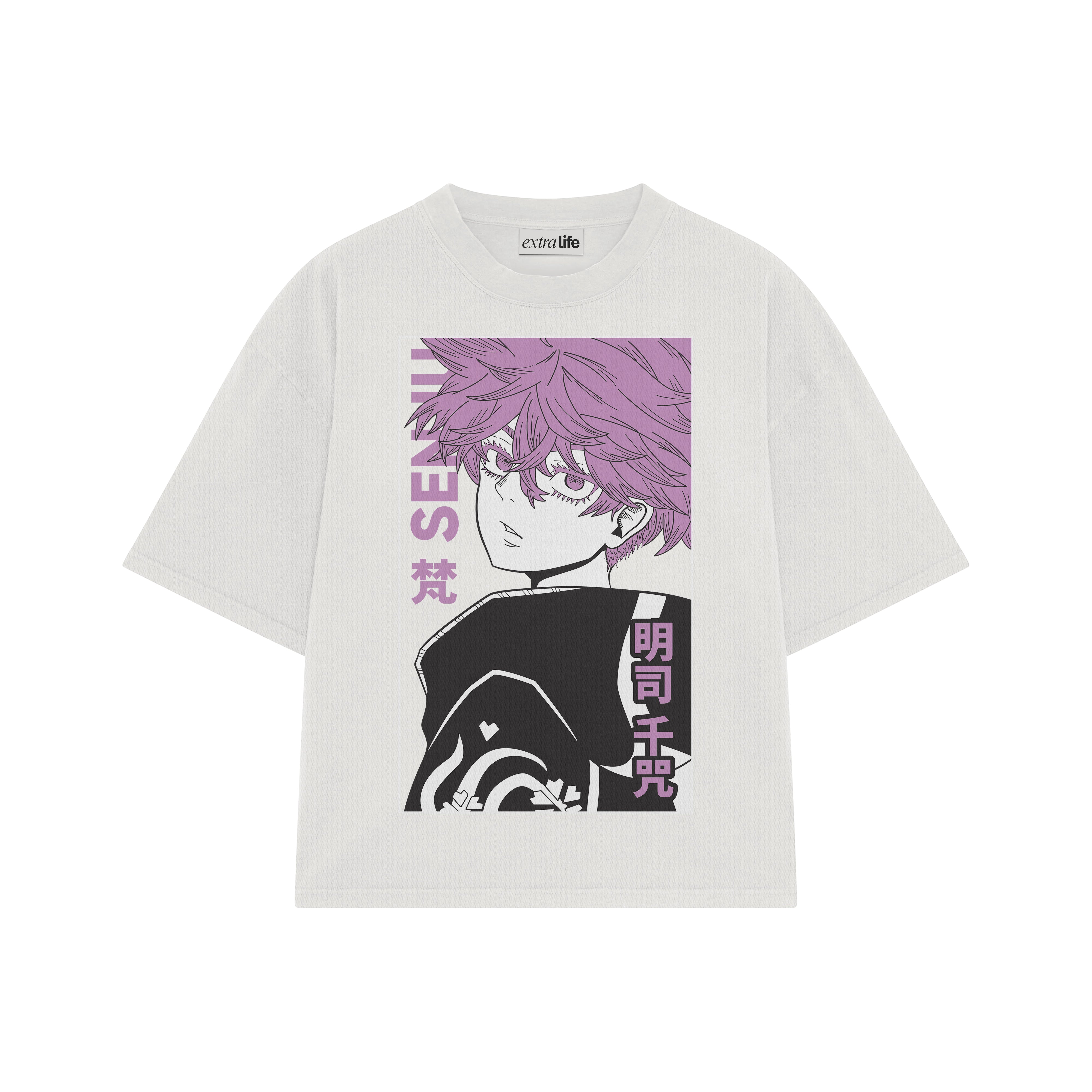 Playera streetwear premium de anime y gaming ExtraLife MX, corte boxy oversized drop shoulder heavyweight en color Deep Black y Off-White, moda urbana mexicana de culto.