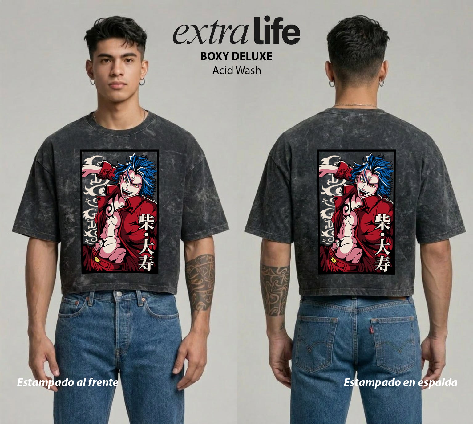 Playera streetwear premium de anime y gaming ExtraLife MX, corte boxy deluxe mineral wash heavyweight en color Acid Wash, moda urbana mexicana de culto.