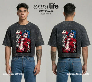 Playera streetwear premium de anime y gaming ExtraLife MX, corte boxy deluxe mineral wash heavyweight en color Acid Wash, moda urbana mexicana de culto.