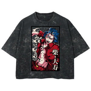 Playera streetwear premium de anime y gaming ExtraLife MX, corte boxy deluxe mineral wash heavyweight en color Acid Wash, moda urbana mexicana de culto.