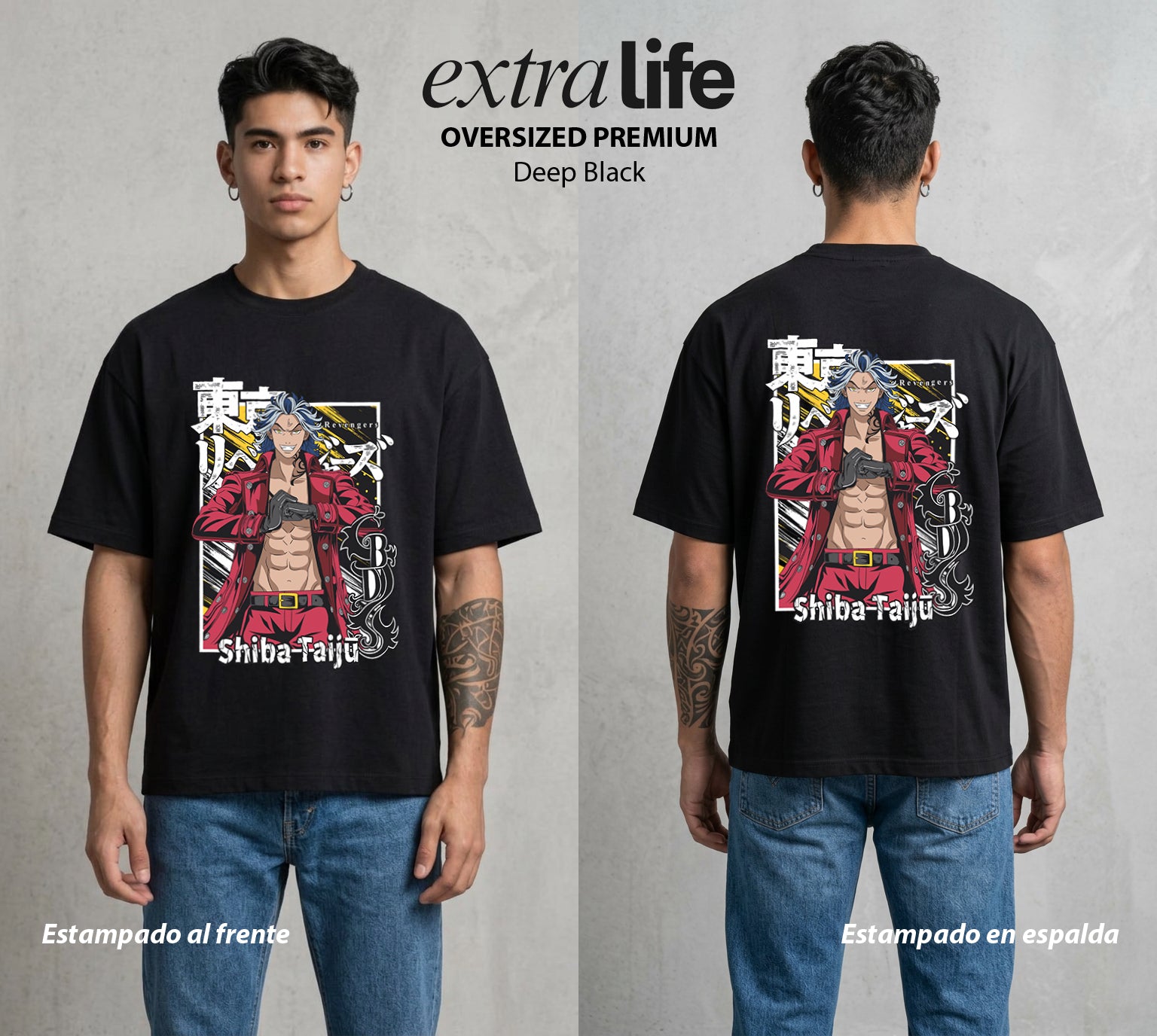 Pandillas del Tiempo | El Hermano del Poder #04405 - Playera Oversized Premium | Deep Black - Foto en modelo