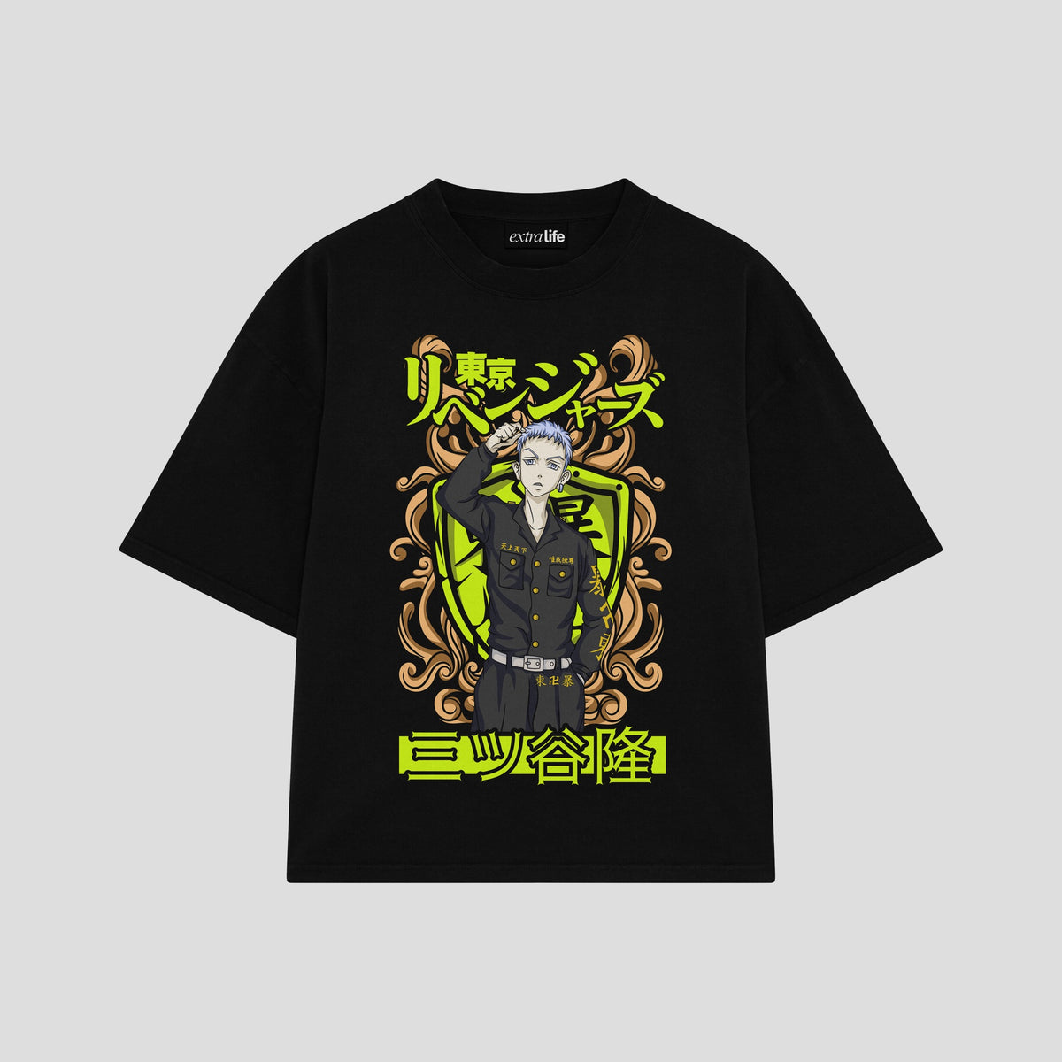 Playera streetwear premium de anime y gaming ExtraLife MX, corte oversized drop shoulder ligero y fresco en color Deep Black y Off-White, moda urbana mexicana de culto.