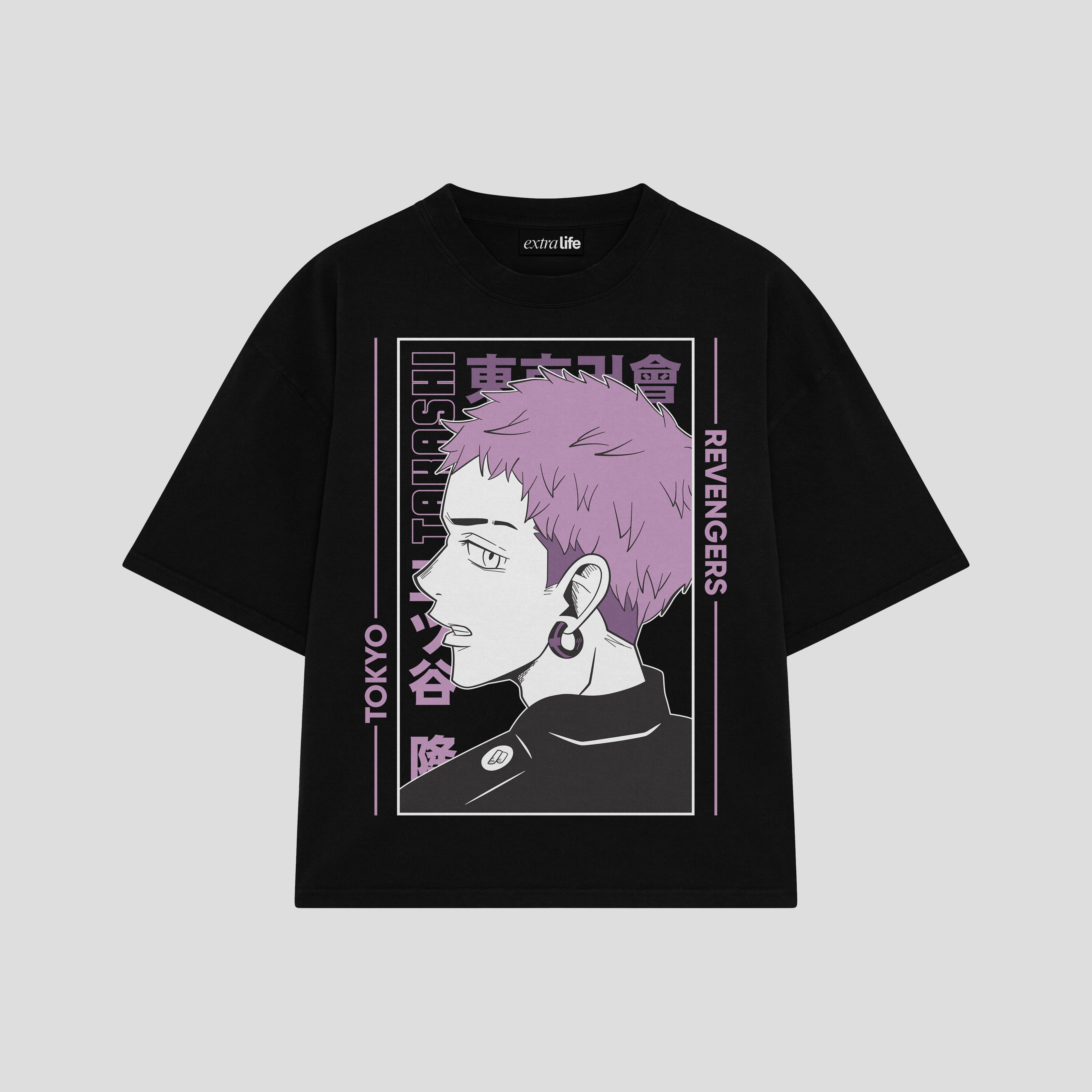 Playera streetwear premium de anime y gaming ExtraLife MX, corte boxy oversized drop shoulder heavyweight en color Deep Black y Off-White, moda urbana mexicana de culto.