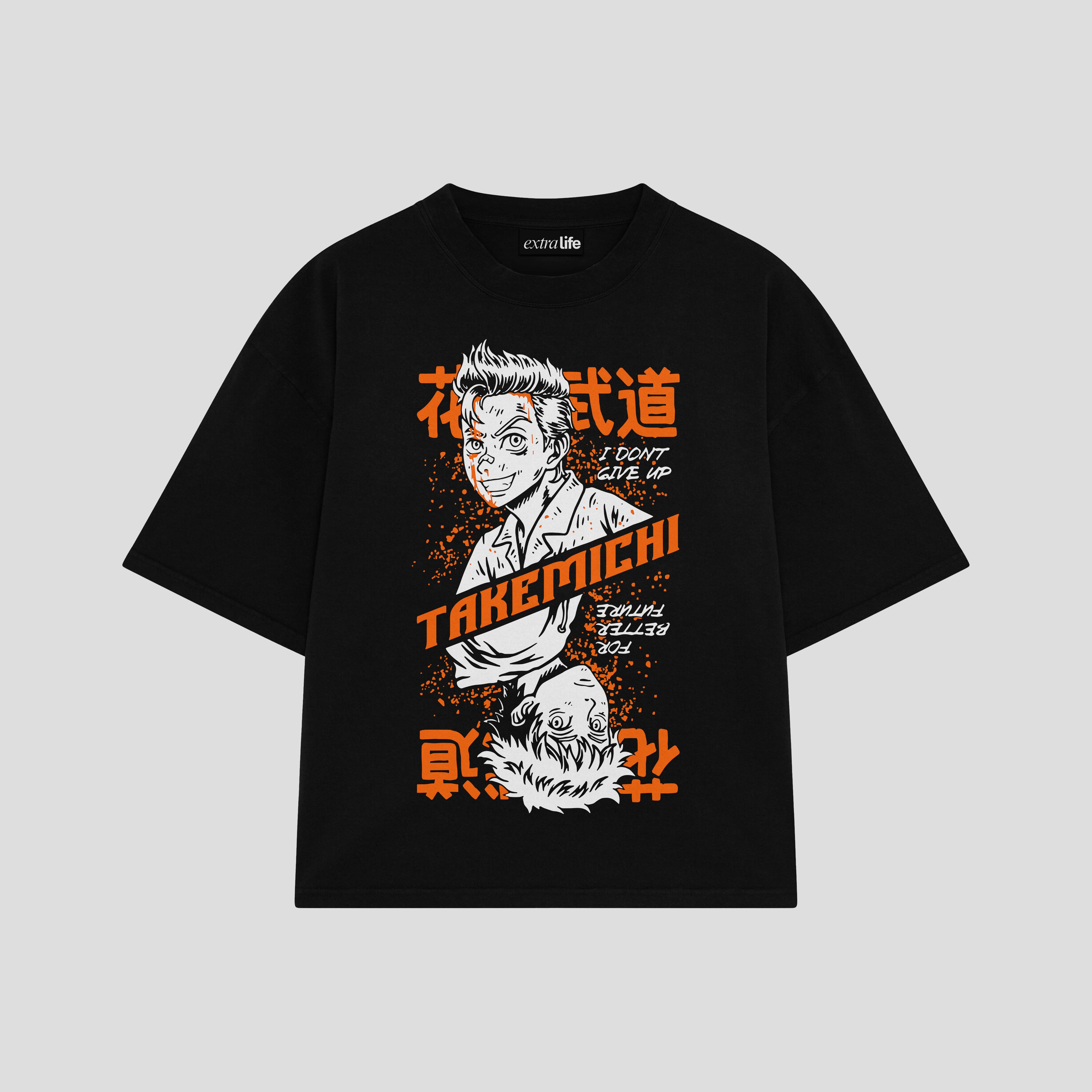 Playera streetwear premium de anime y gaming ExtraLife MX, corte boxy oversized drop shoulder heavyweight en color Deep Black y Off-White, moda urbana mexicana de culto.