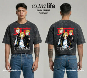 Playera streetwear premium de anime y gaming ExtraLife MX, corte boxy deluxe mineral wash heavyweight en color Acid Wash, moda urbana mexicana de culto.