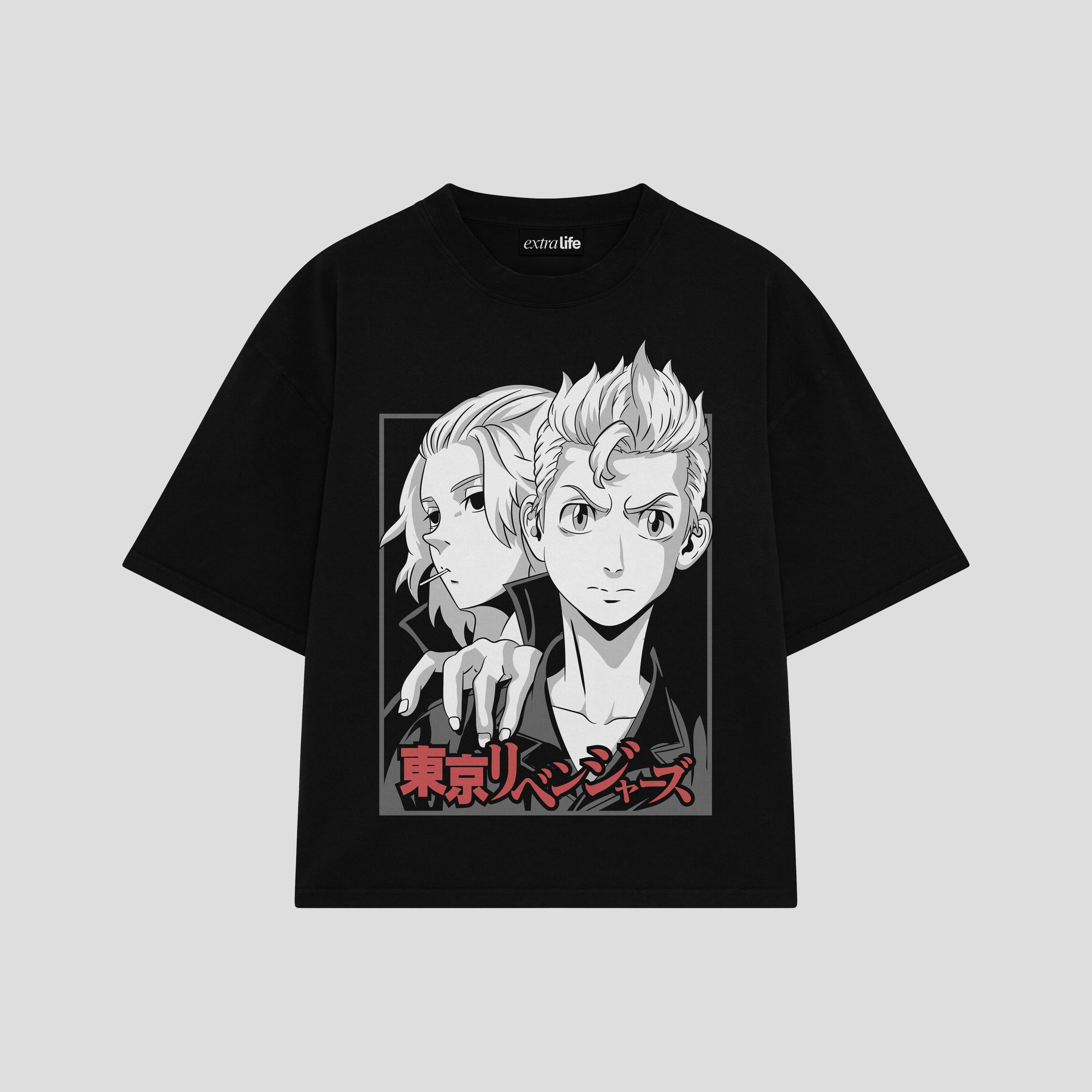 Playera streetwear premium de anime y gaming ExtraLife MX, corte boxy oversized drop shoulder heavyweight en color Deep Black y Off-White, moda urbana mexicana de culto.