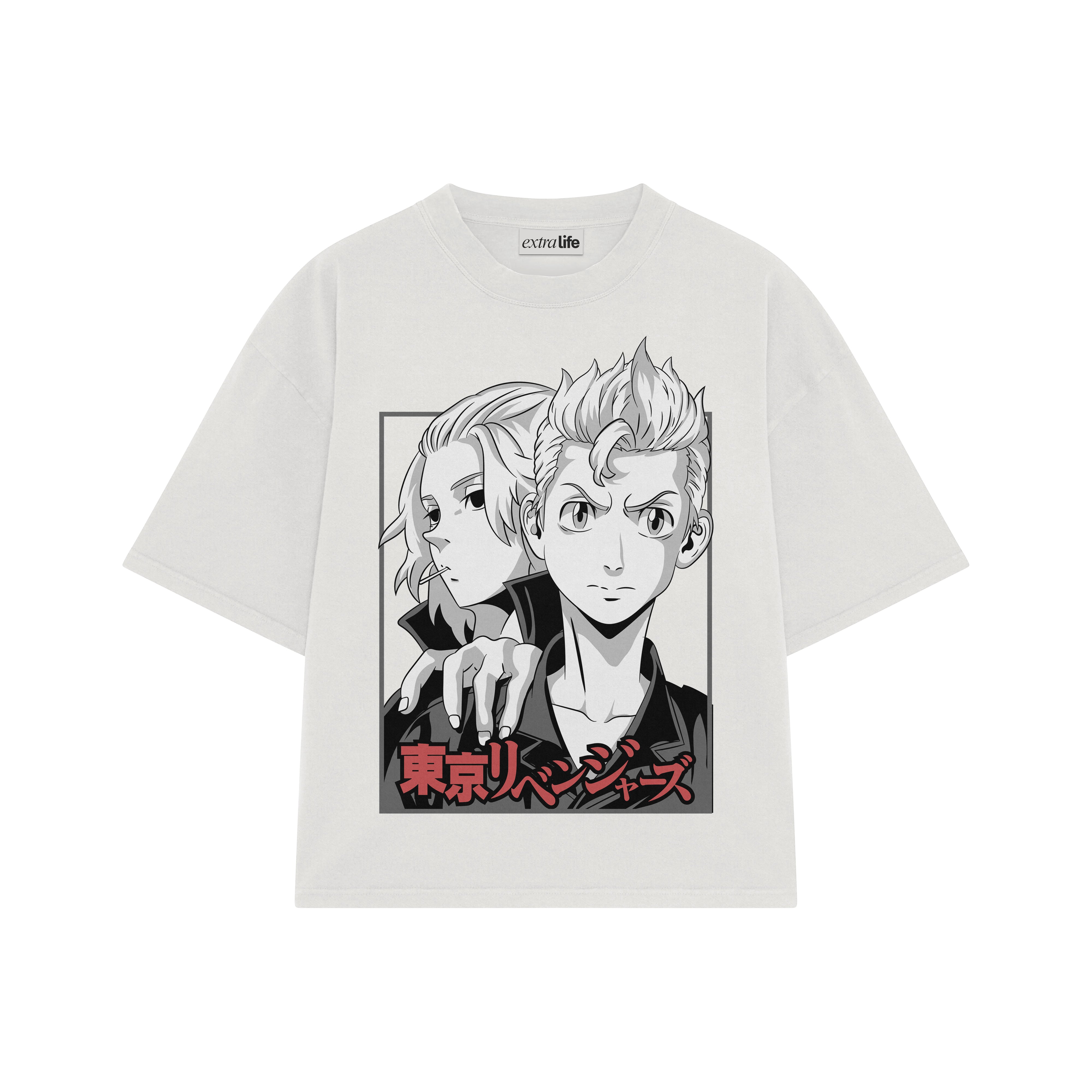 Playera streetwear premium de anime y gaming ExtraLife MX, corte boxy oversized drop shoulder heavyweight en color Deep Black y Off-White, moda urbana mexicana de culto.