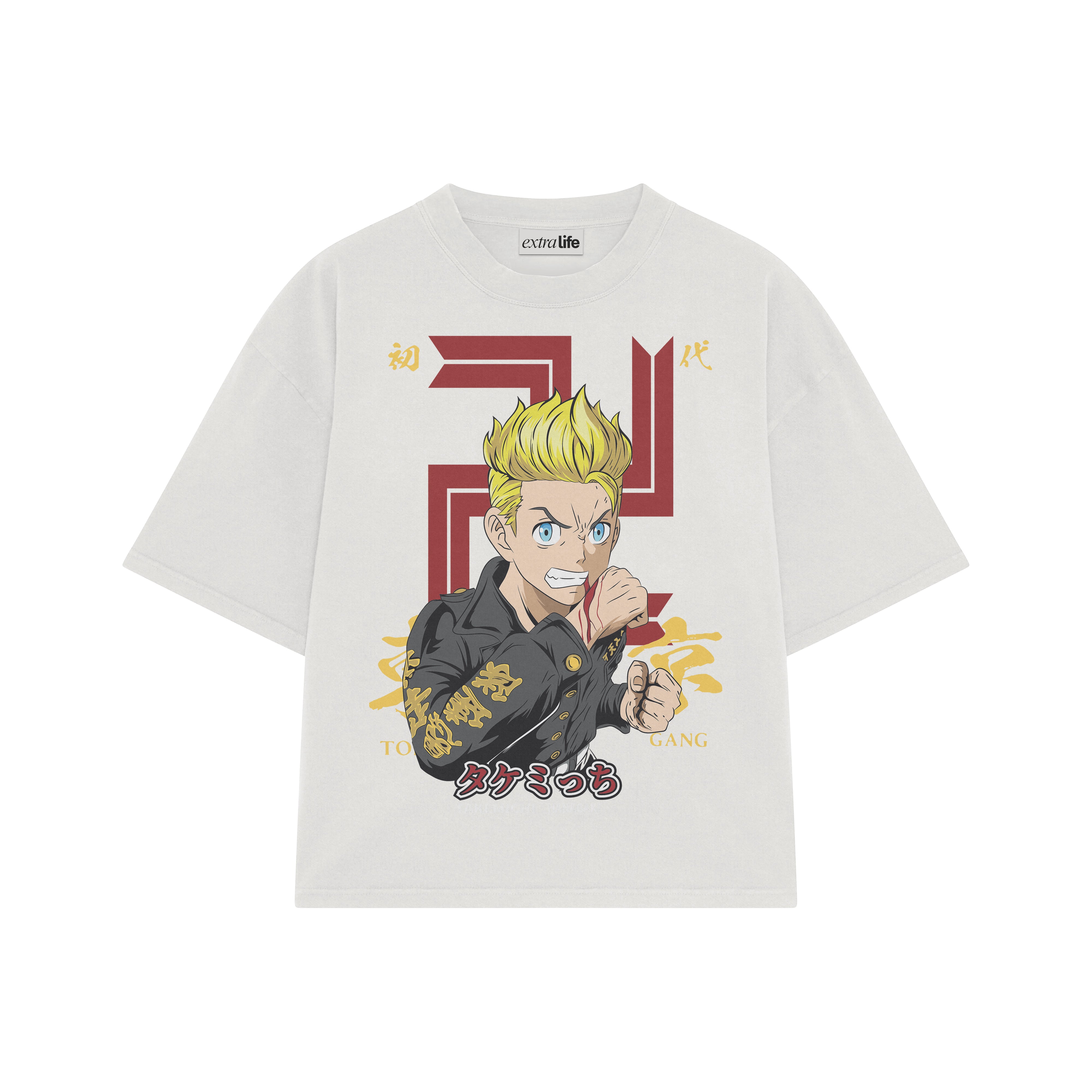 Playera streetwear premium de anime y gaming ExtraLife MX, corte boxy oversized drop shoulder heavyweight en color Deep Black y Off-White, moda urbana mexicana de culto.