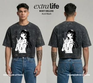 Playera streetwear premium de anime y gaming ExtraLife MX, corte boxy deluxe mineral wash heavyweight en color Acid Wash, moda urbana mexicana de culto.