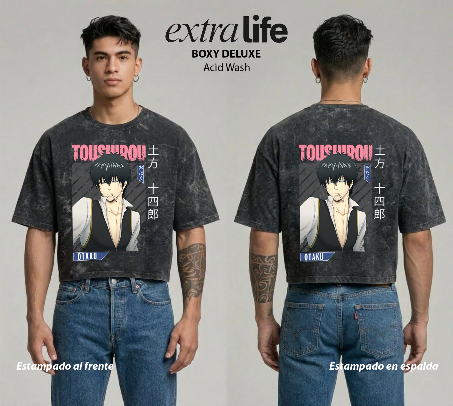 Playera streetwear premium de anime y gaming ExtraLife MX, corte boxy deluxe mineral wash heavyweight en color Acid Wash, moda urbana mexicana de culto.