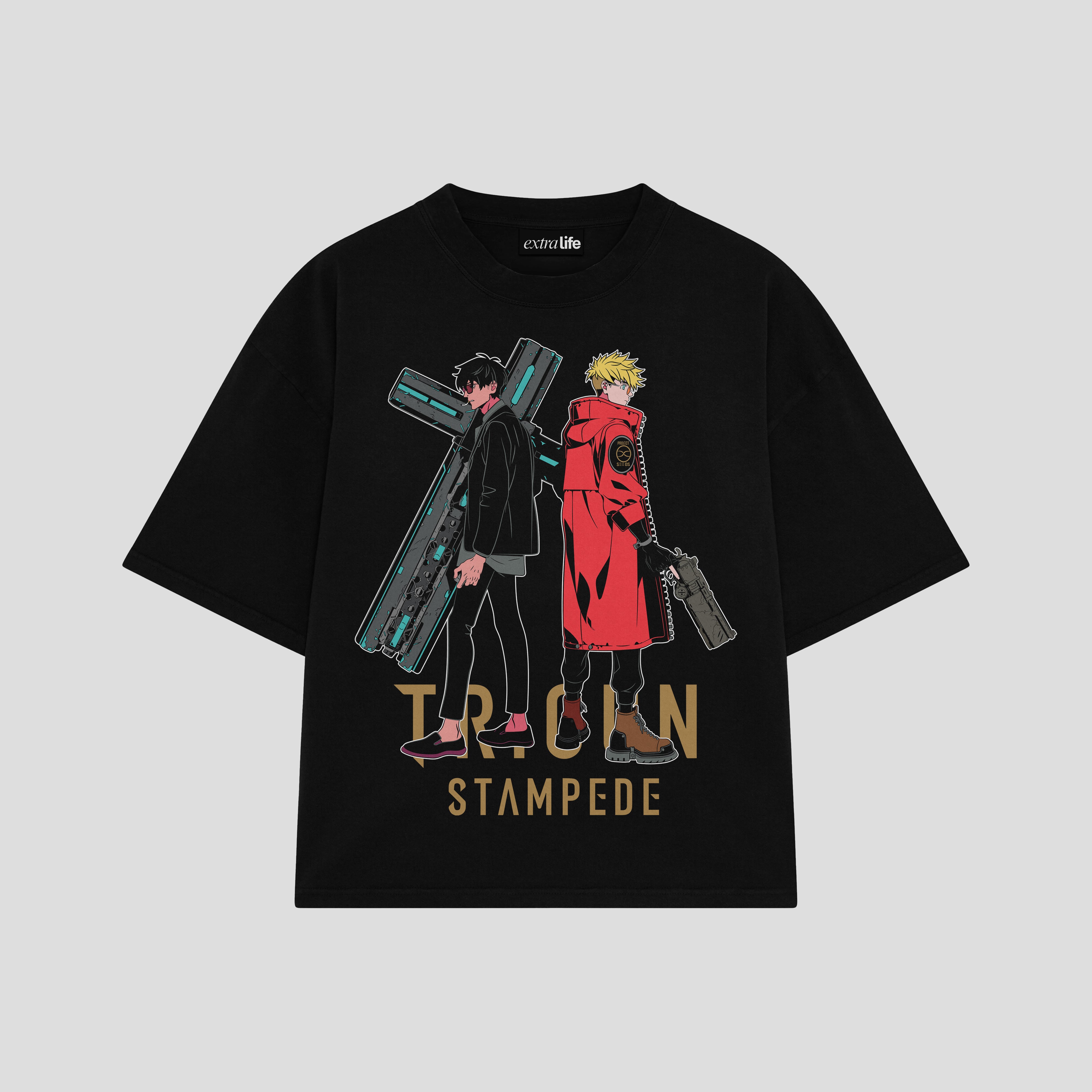 Playera streetwear premium de anime y gaming ExtraLife MX, corte boxy oversized drop shoulder heavyweight en color Deep Black y Off-White, moda urbana mexicana de culto.
