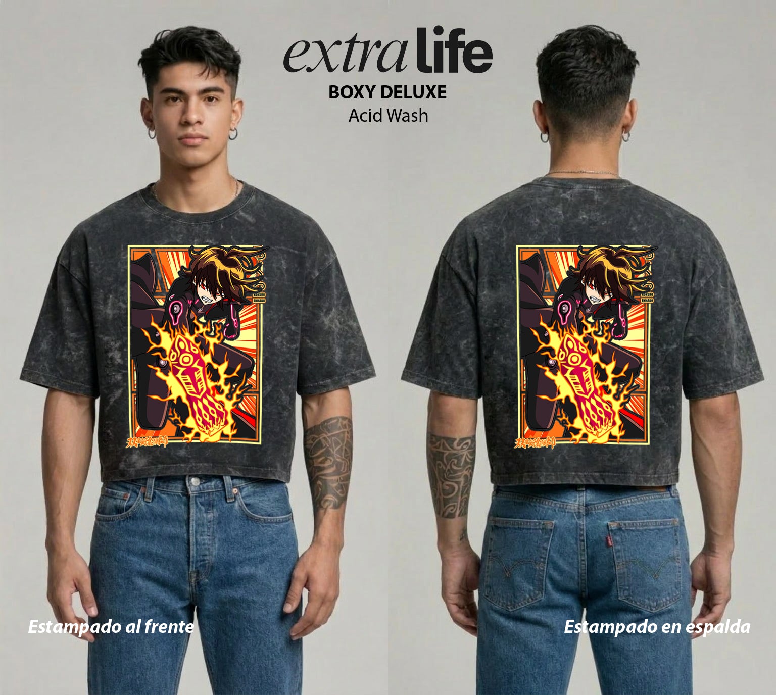 Playera streetwear premium de anime y gaming ExtraLife MX, corte boxy deluxe mineral wash heavyweight en color Acid Wash, moda urbana mexicana de culto.