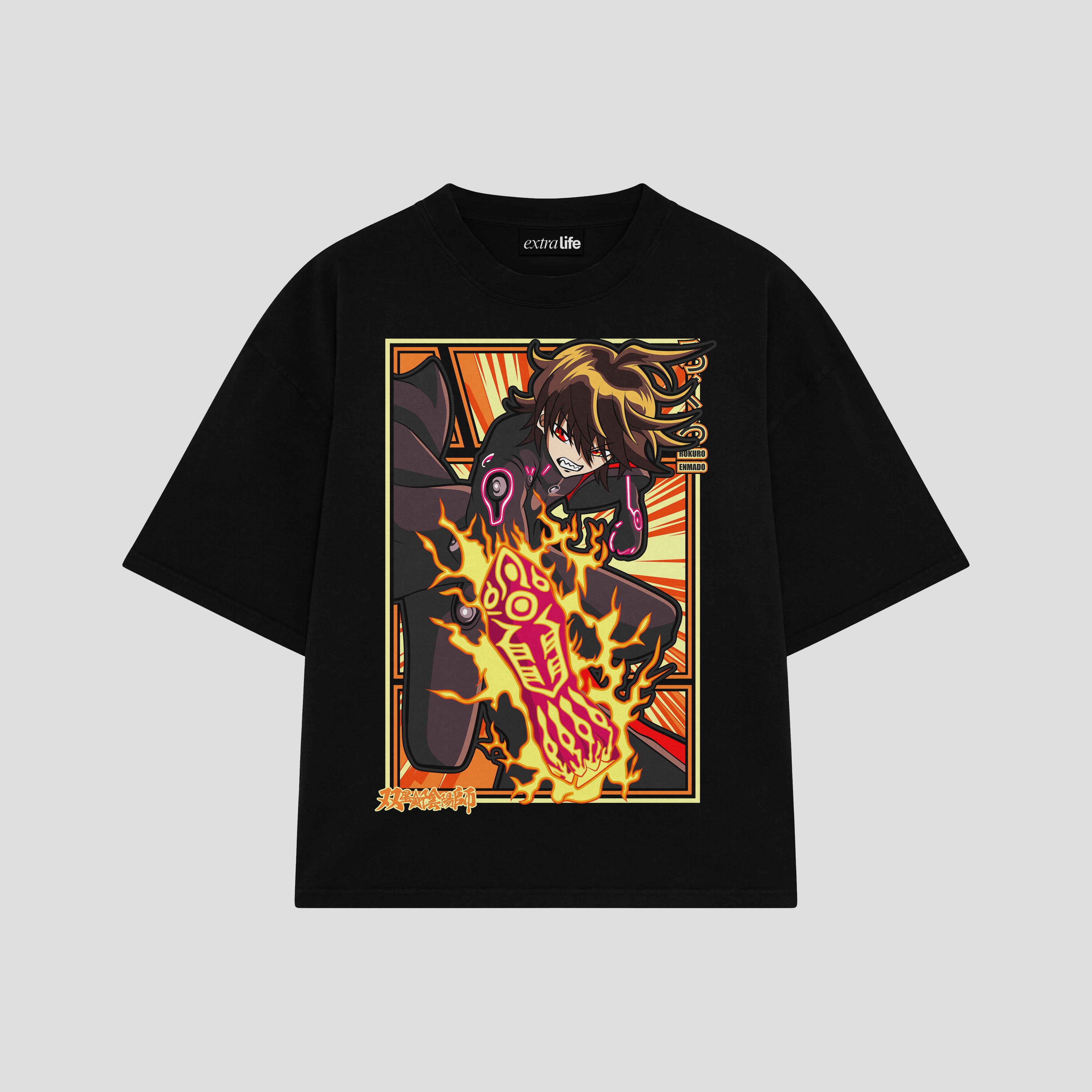 Playera streetwear premium de anime y gaming ExtraLife MX, corte boxy oversized drop shoulder heavyweight en color Deep Black y Off-White, moda urbana mexicana de culto.