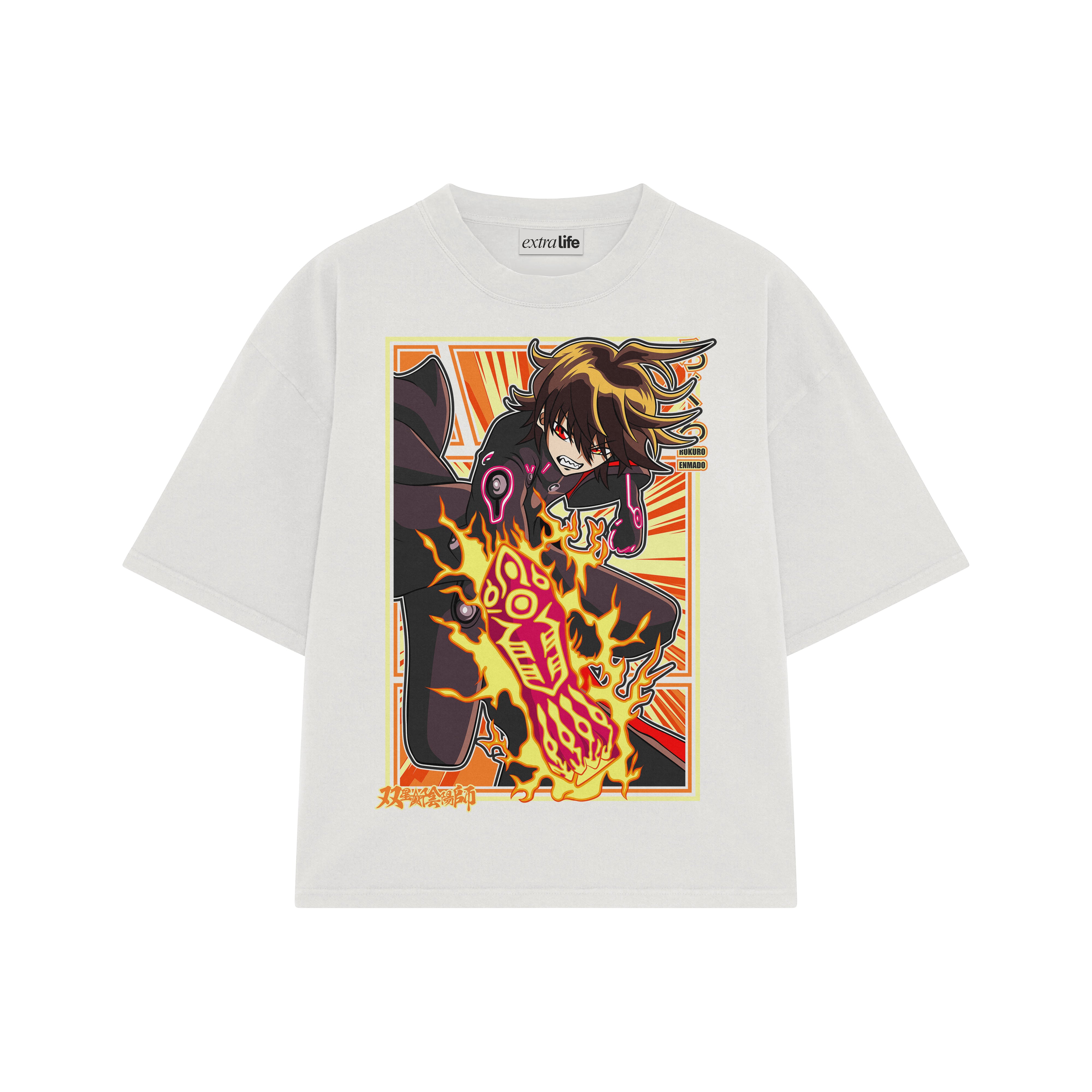 Playera streetwear premium de anime y gaming ExtraLife MX, corte boxy oversized drop shoulder heavyweight en color Deep Black y Off-White, moda urbana mexicana de culto.