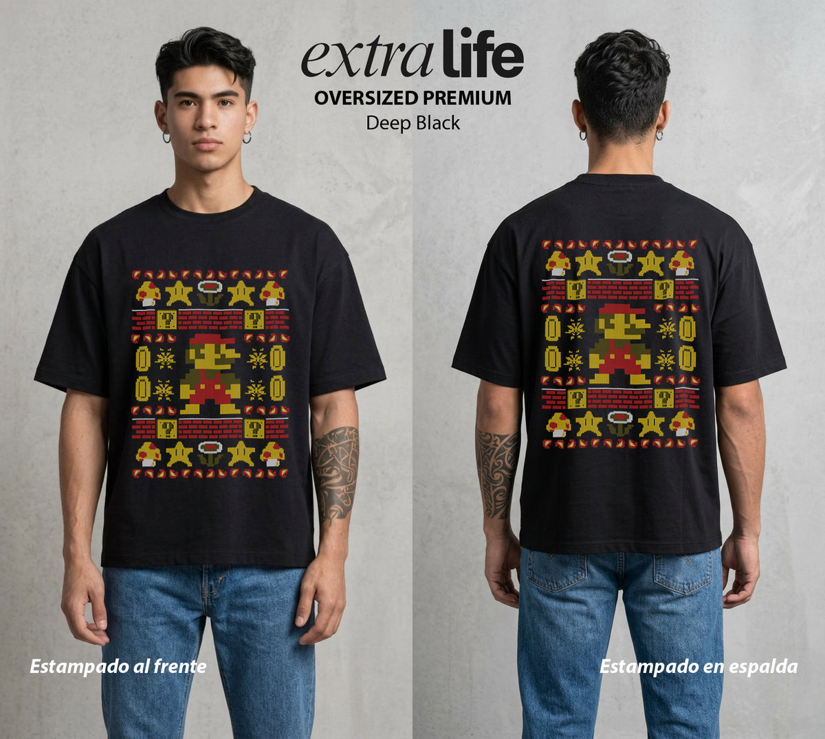 La Navidad Gamer | El Fontanero Estelar Navidad Gamer #04436 - Playera Oversized Premium | Deep Black - Foto en modelo