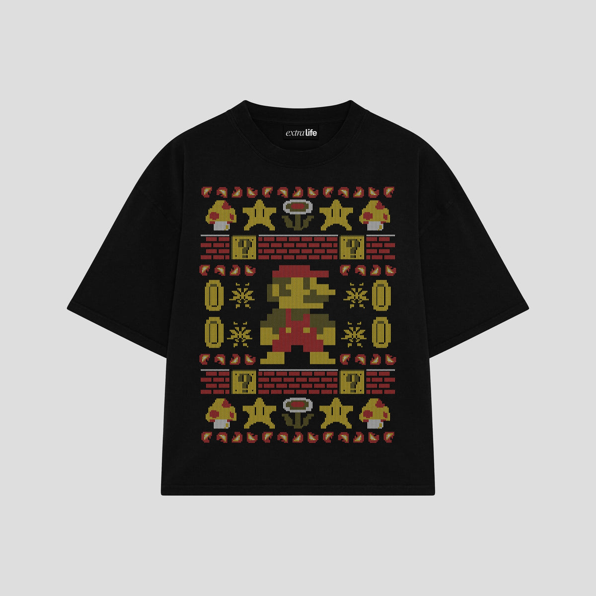 Playera streetwear premium de anime y gaming ExtraLife MX, corte oversized drop shoulder ligero y fresco en color Deep Black y Off-White, moda urbana mexicana de culto.