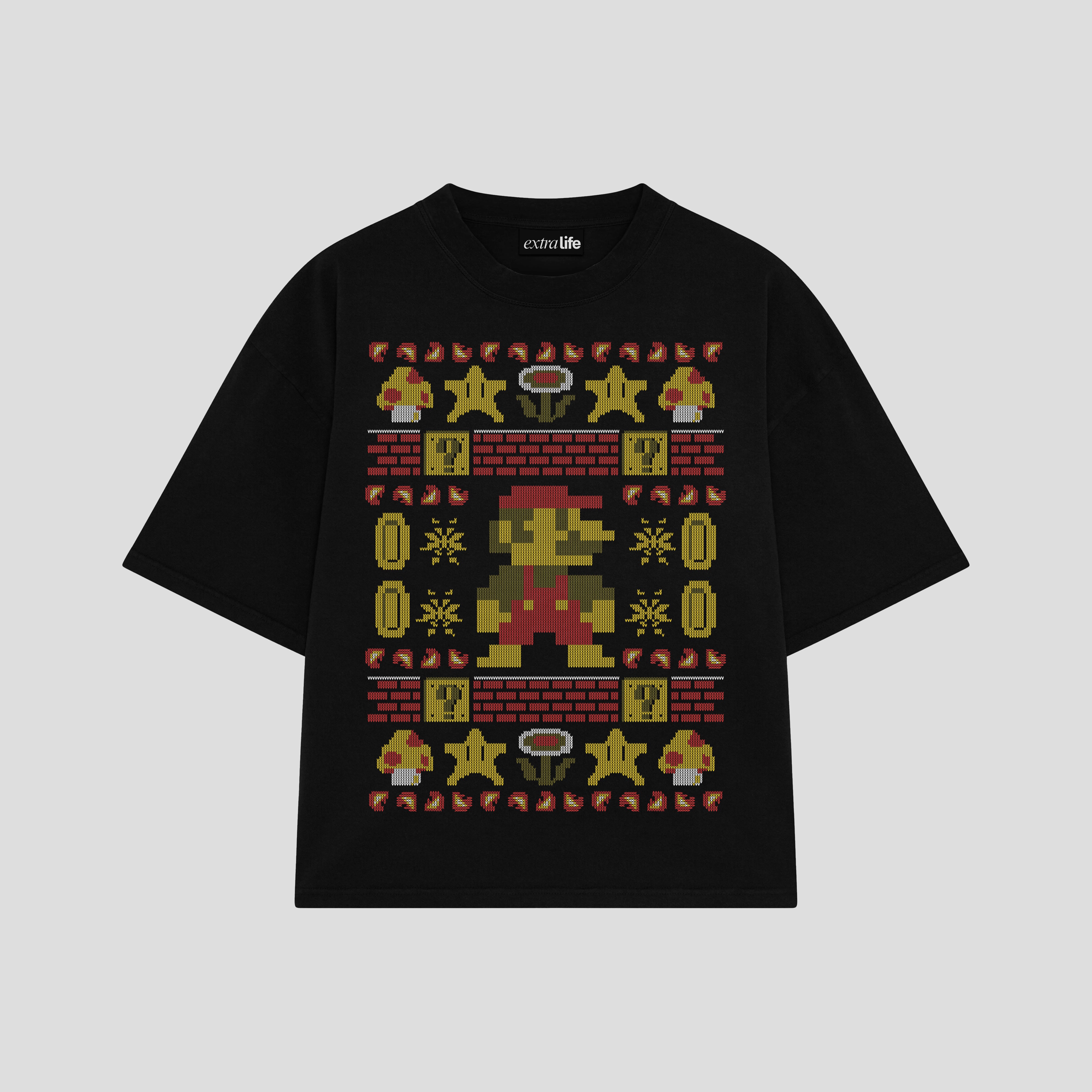 Playera streetwear premium de anime y gaming ExtraLife MX, corte boxy oversized drop shoulder heavyweight en color Deep Black y Off-White, moda urbana mexicana de culto.
