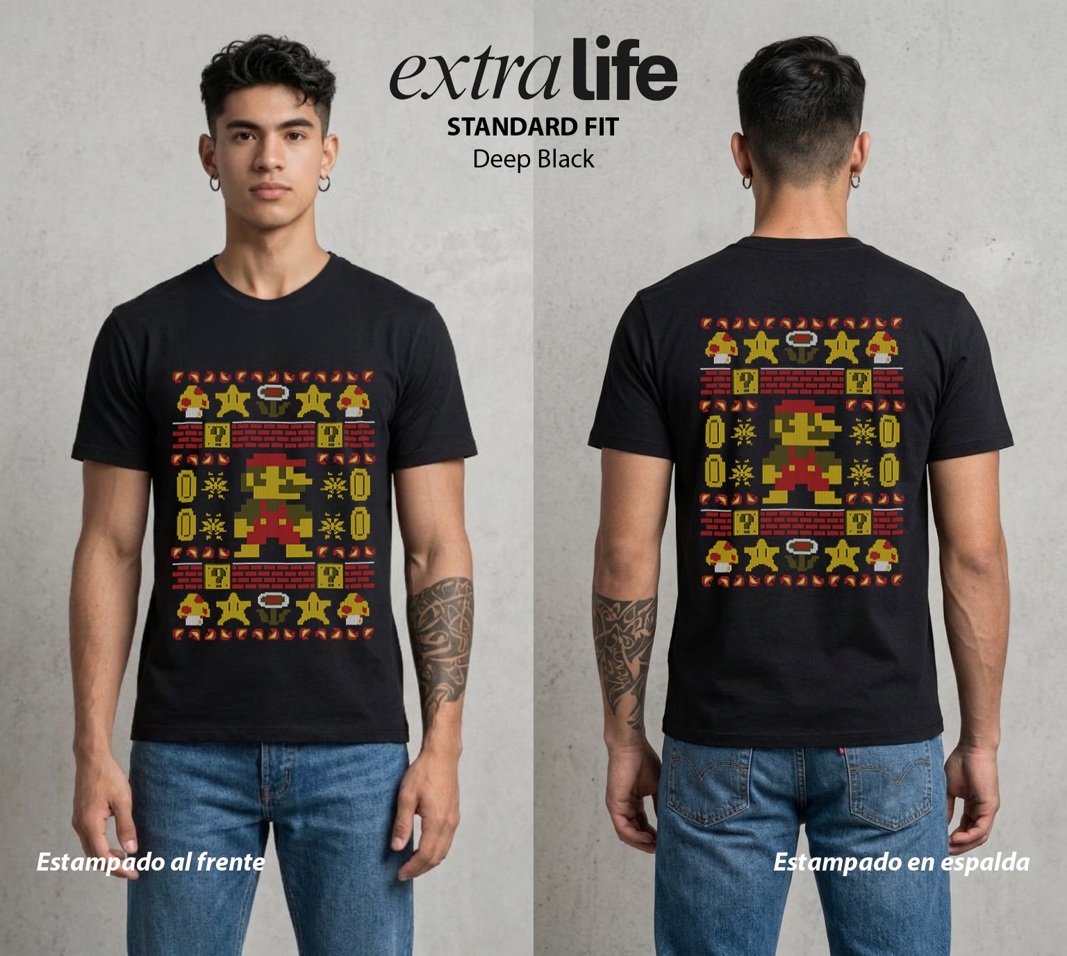 La Navidad Gamer | El Fontanero Estelar Navidad Gamer #04436 - Playera Standard Fit | Deep Black - Foto en modelo
