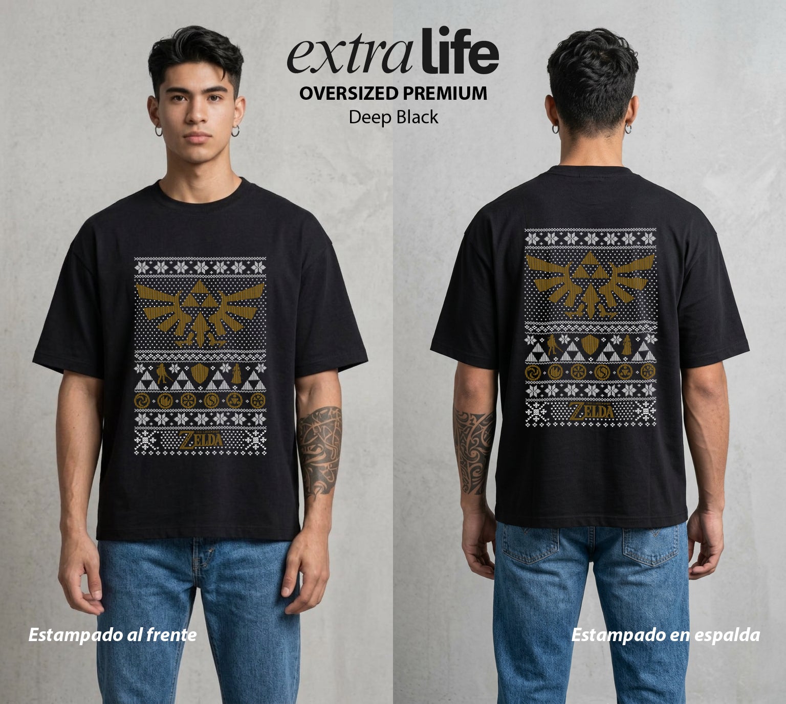 La Navidad Gamer | La Princesa del Triforce Navidad Gamer #04437 - Playera Oversized Premium | Deep Black - Foto en modelo