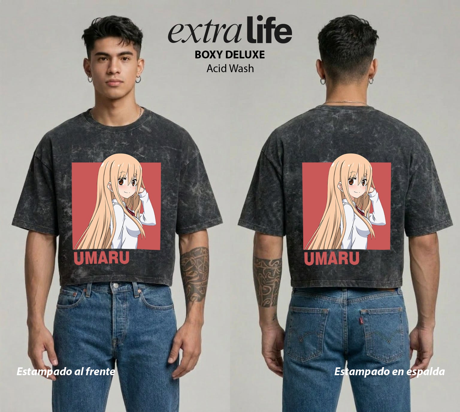 Playera streetwear premium de anime y gaming ExtraLife MX, corte boxy deluxe mineral wash heavyweight en color Acid Wash, moda urbana mexicana de culto.