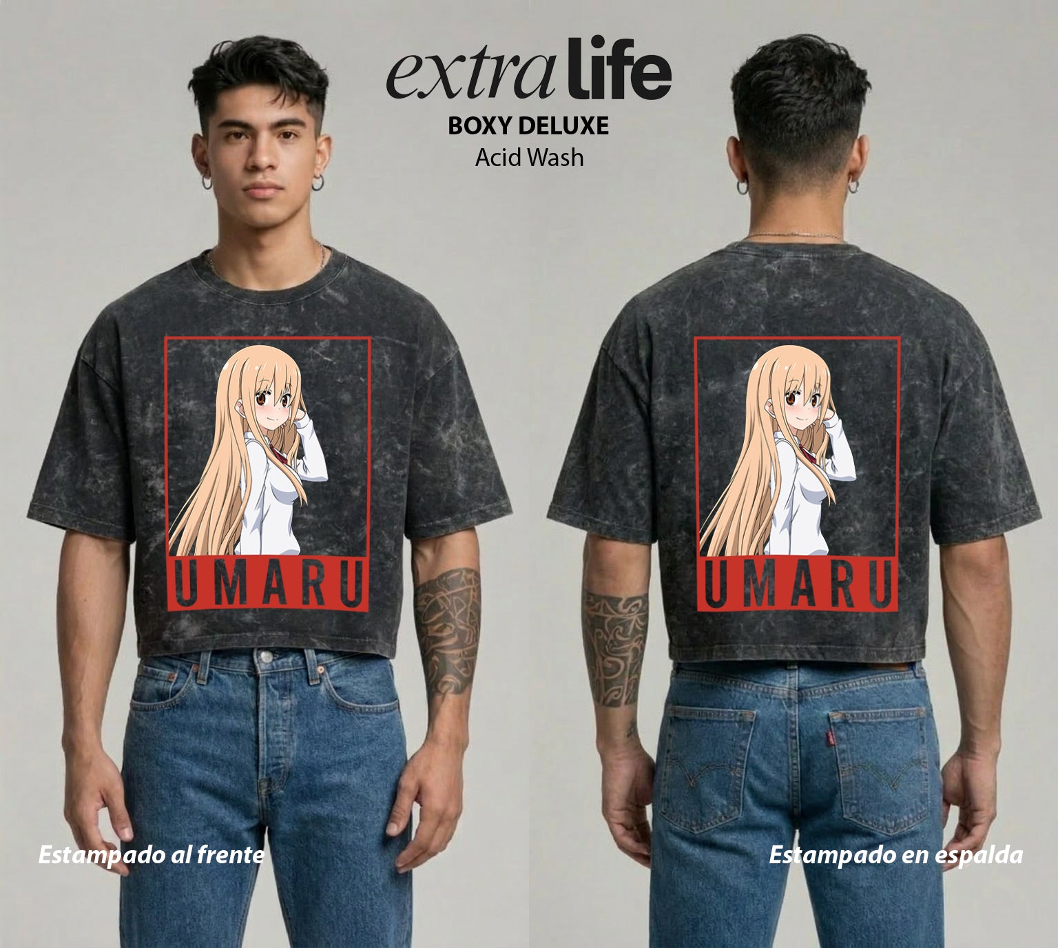 Playera streetwear premium de anime y gaming ExtraLife MX, corte boxy deluxe mineral wash heavyweight en color Acid Wash, moda urbana mexicana de culto.