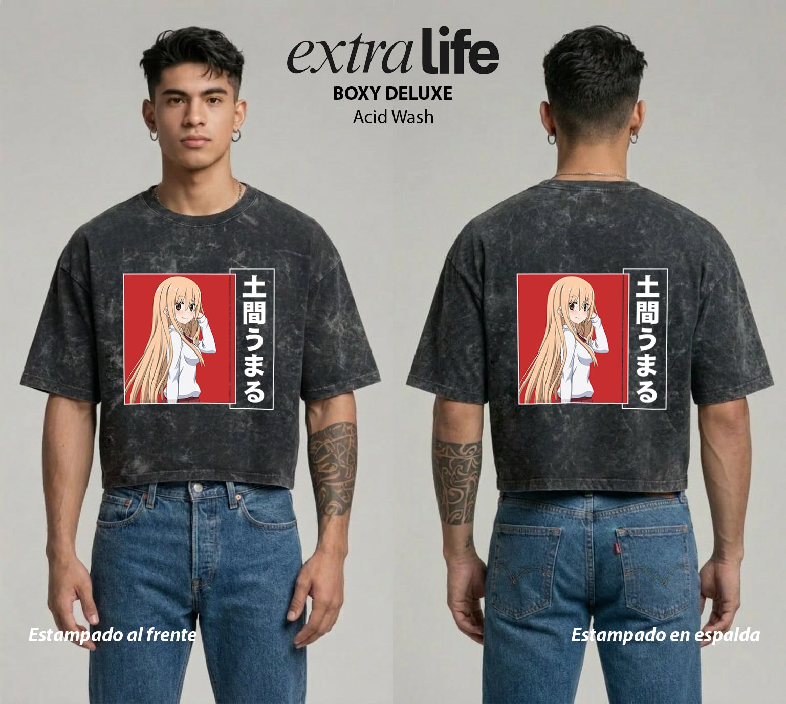Playera streetwear premium de anime y gaming ExtraLife MX, corte boxy deluxe mineral wash heavyweight en color Acid Wash, moda urbana mexicana de culto.