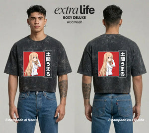 Playera streetwear premium de anime y gaming ExtraLife MX, corte boxy deluxe mineral wash heavyweight en color Acid Wash, moda urbana mexicana de culto.