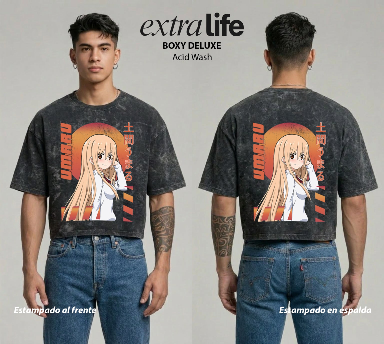 Playera streetwear premium de anime y gaming ExtraLife MX, corte boxy deluxe mineral wash heavyweight en color Acid Wash, moda urbana mexicana de culto.