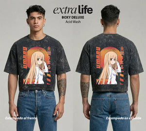 Playera streetwear premium de anime y gaming ExtraLife MX, corte boxy deluxe mineral wash heavyweight en color Acid Wash, moda urbana mexicana de culto.
