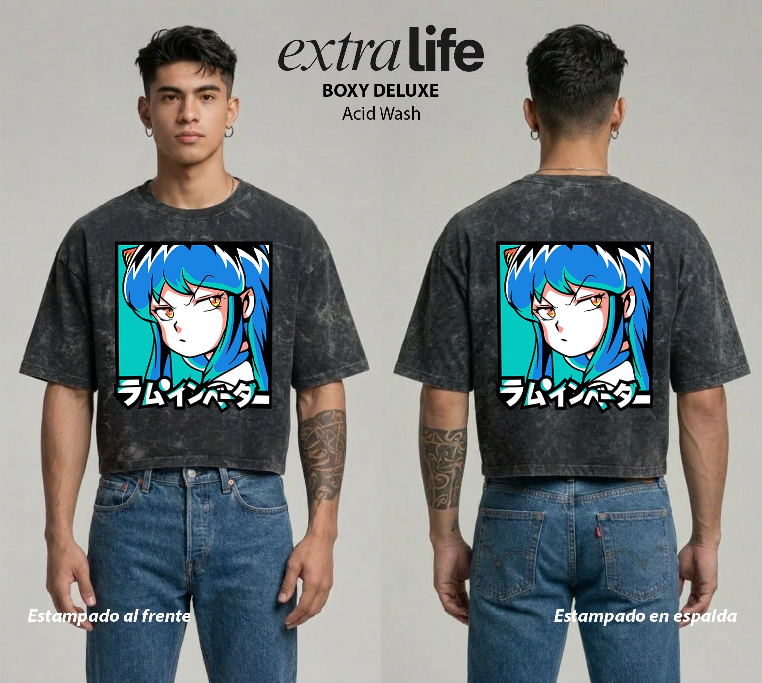 Playera streetwear premium de anime y gaming ExtraLife MX, corte boxy deluxe mineral wash heavyweight en color Acid Wash, moda urbana mexicana de culto.